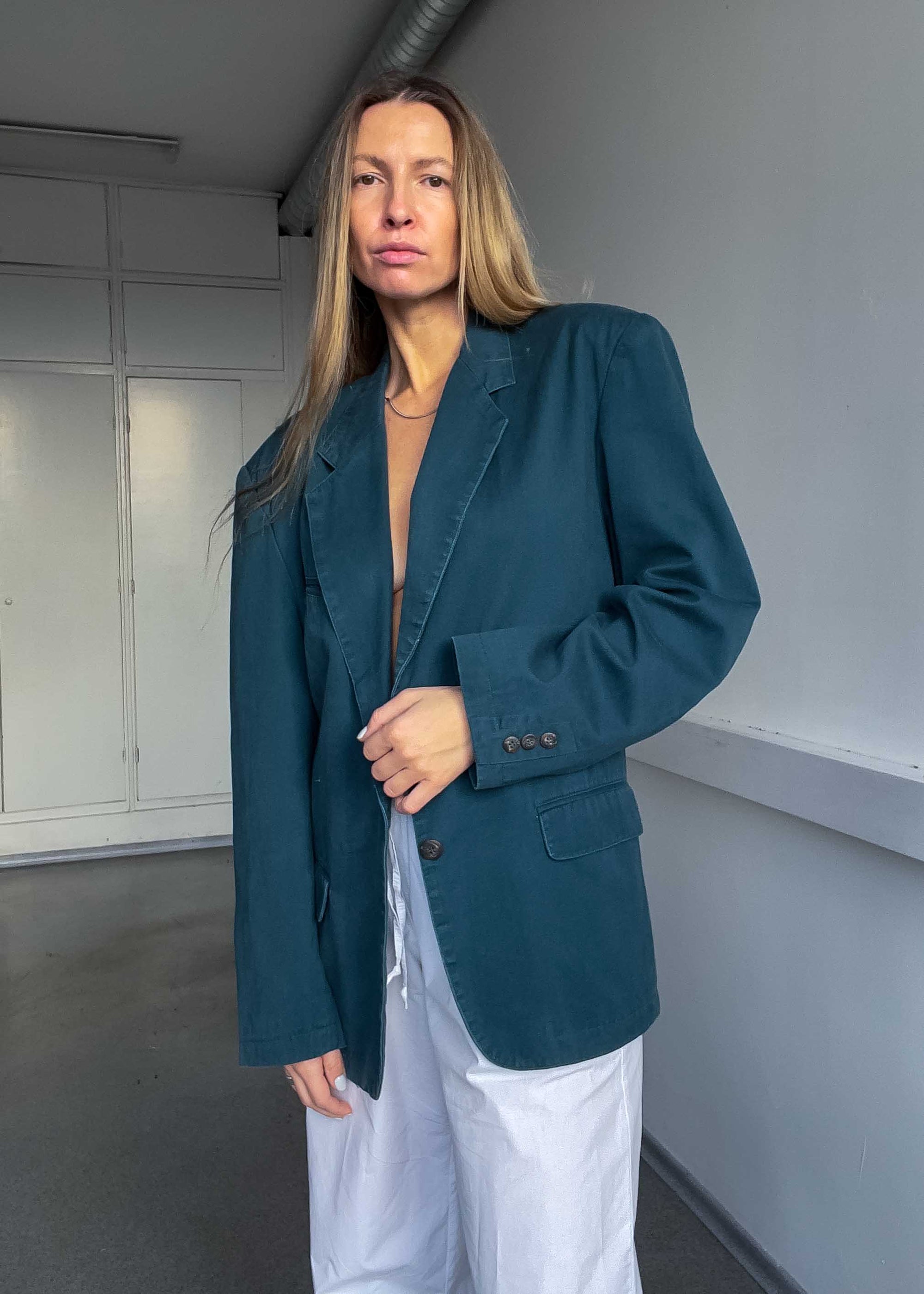 Vintage Bottle Green Oversized Cotton Blazer