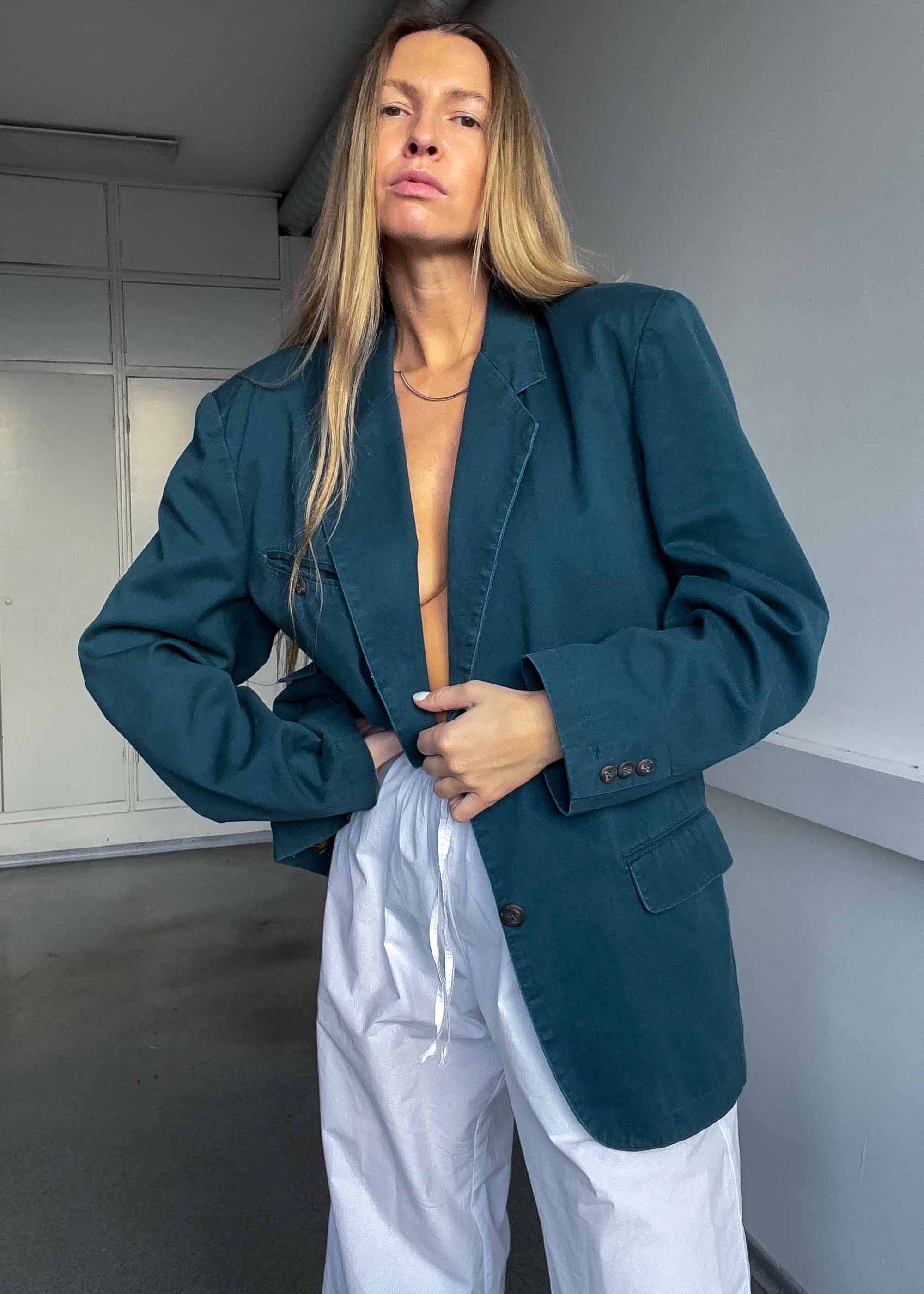 Vintage Bottle Green Oversized Cotton Blazer