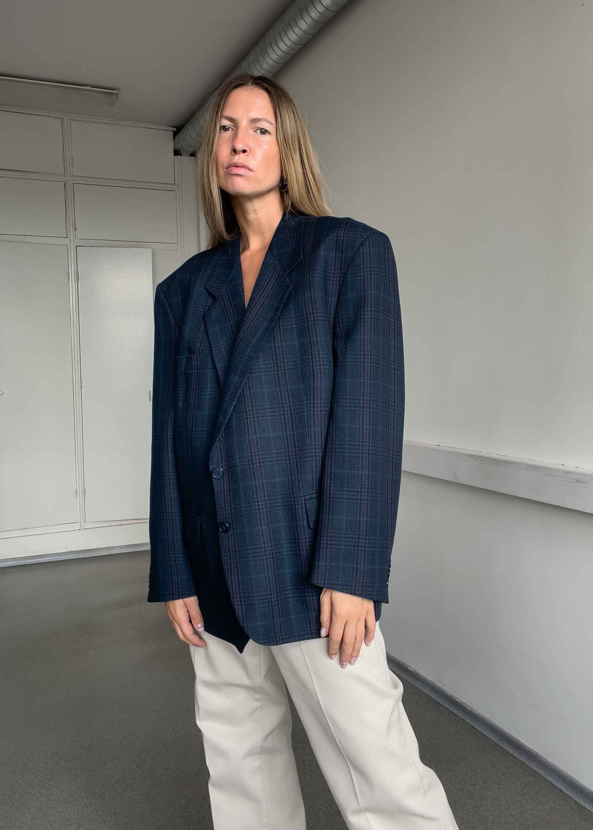 Vintage Blue Checked Oversized Blazer