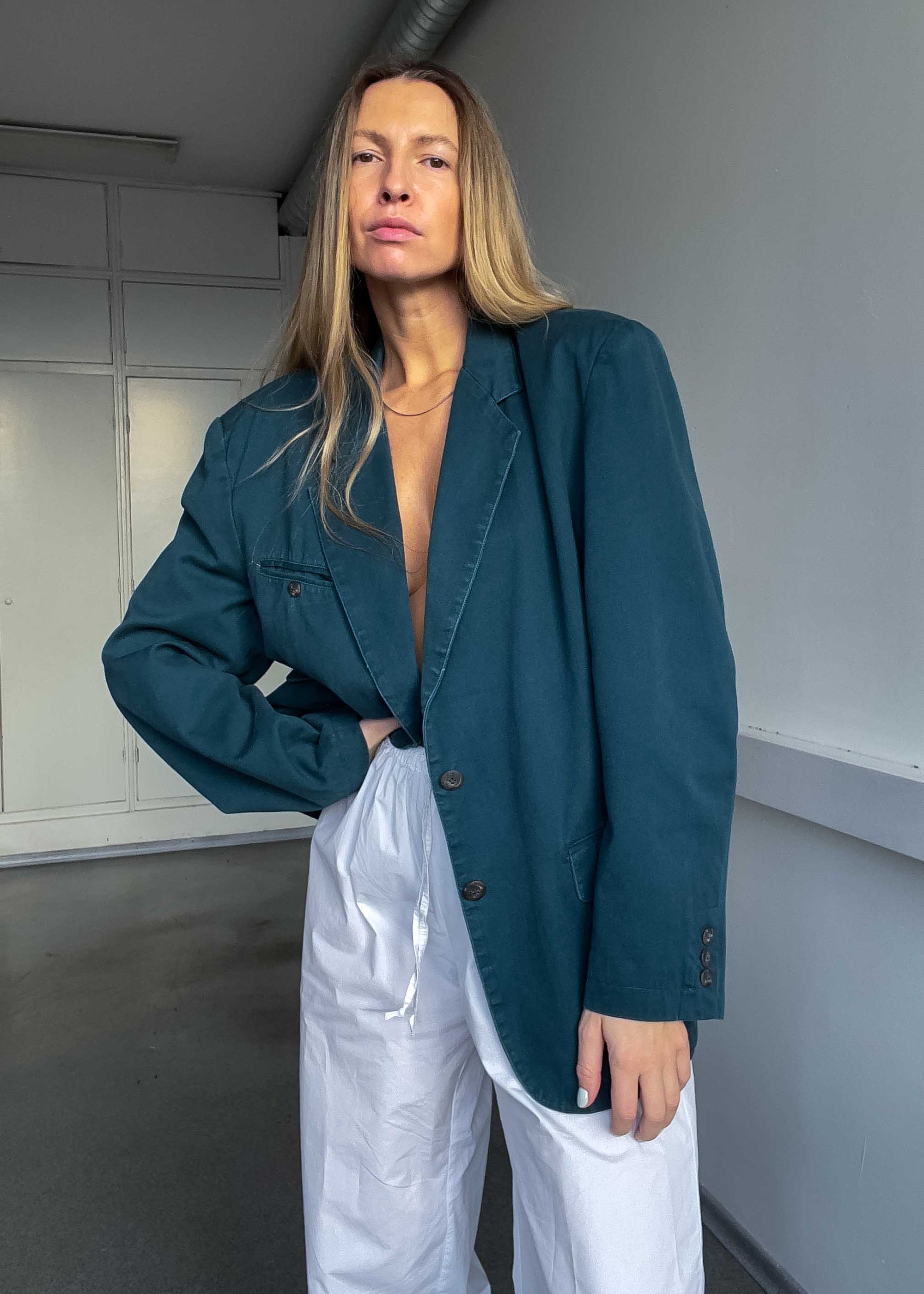 Vintage Bottle Green Oversized Cotton Blazer