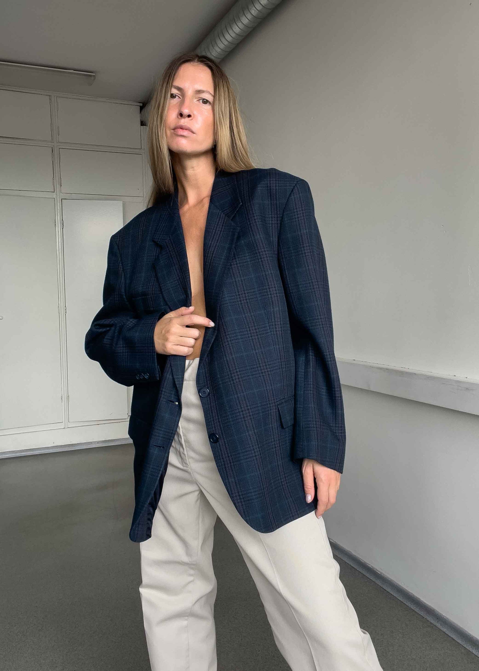 Vintage Blue Checked Oversized Blazer
