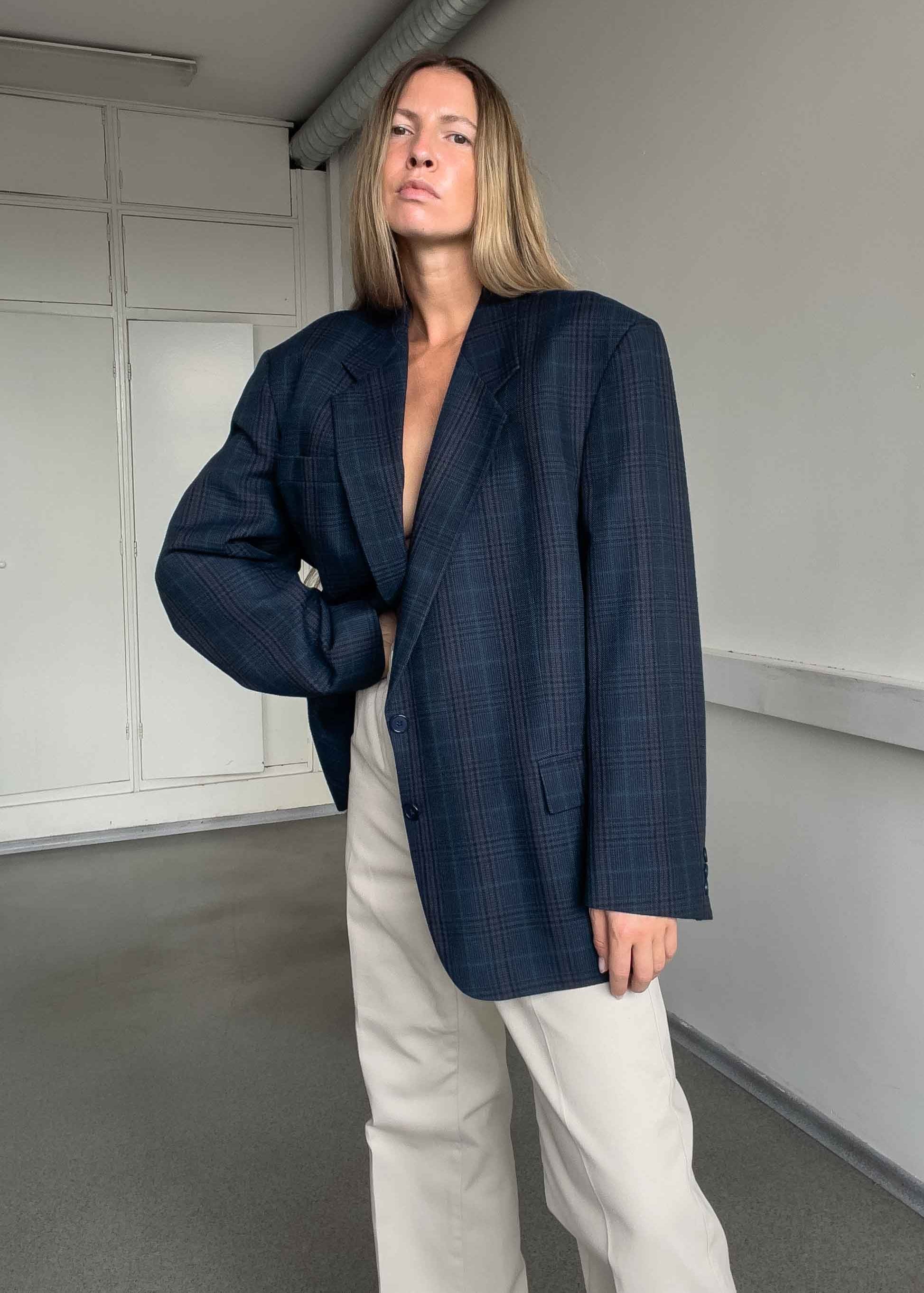 Vintage Blue Checked Oversized Blazer