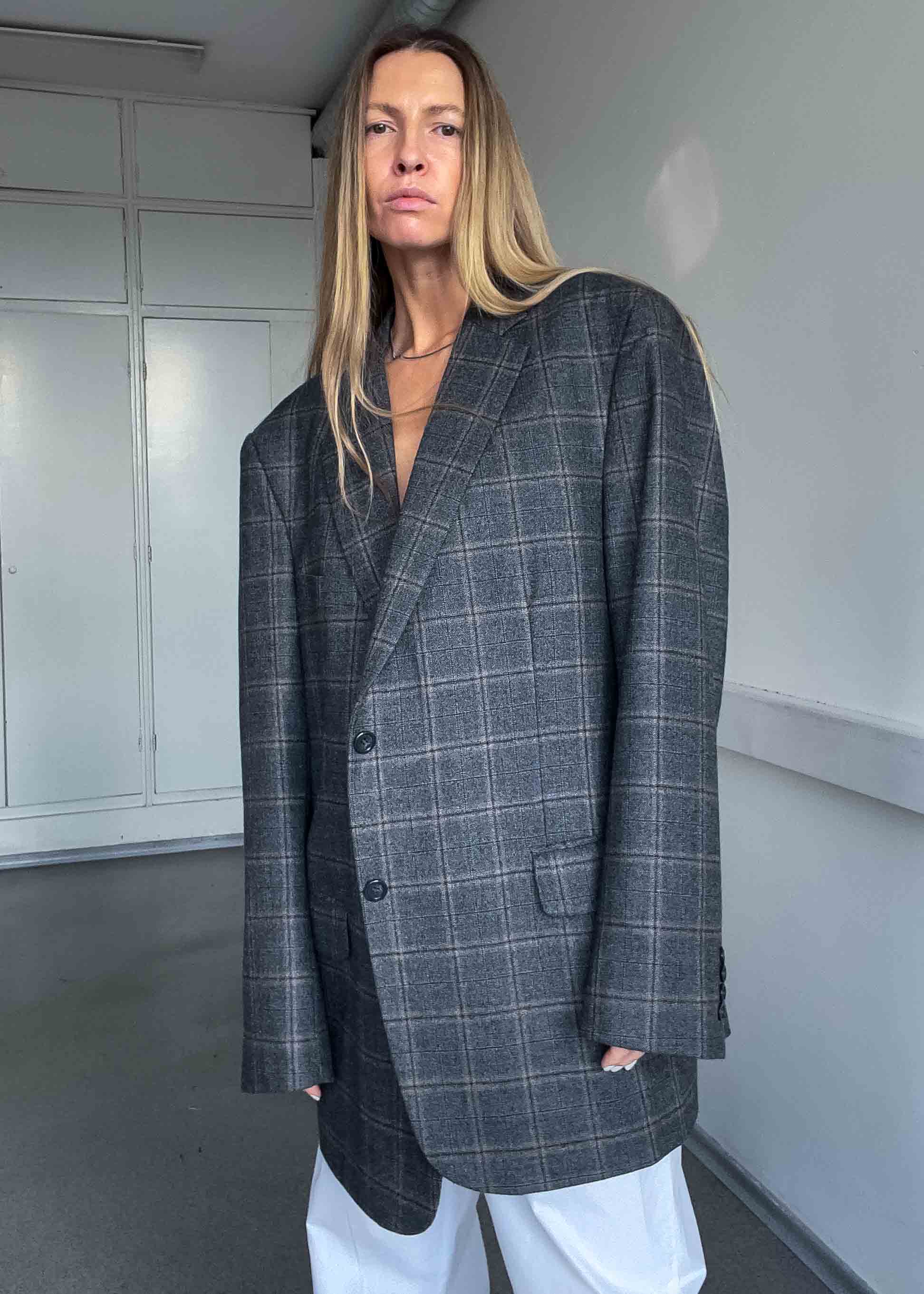 Vintage Grey Checked Oversized Blazer / Coat