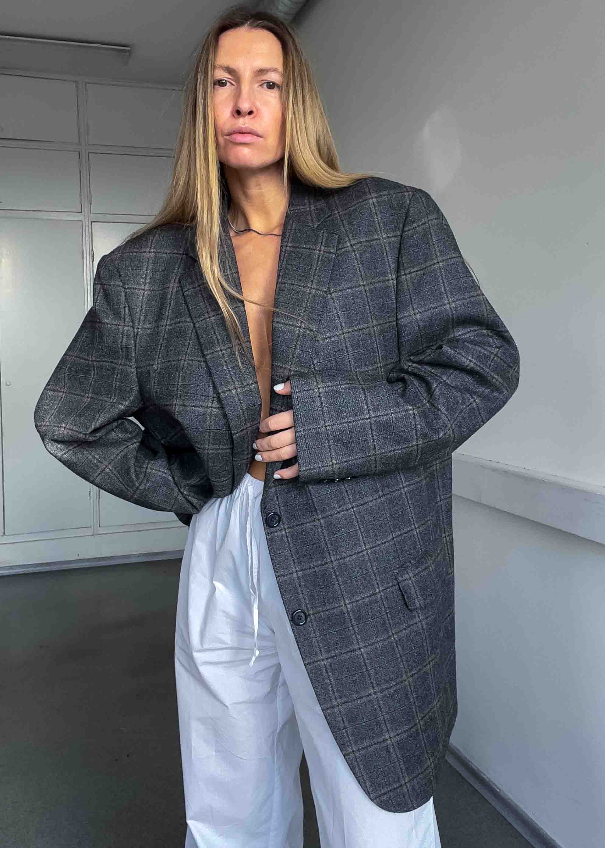 Vintage Grey Checked Oversized Blazer / Coat