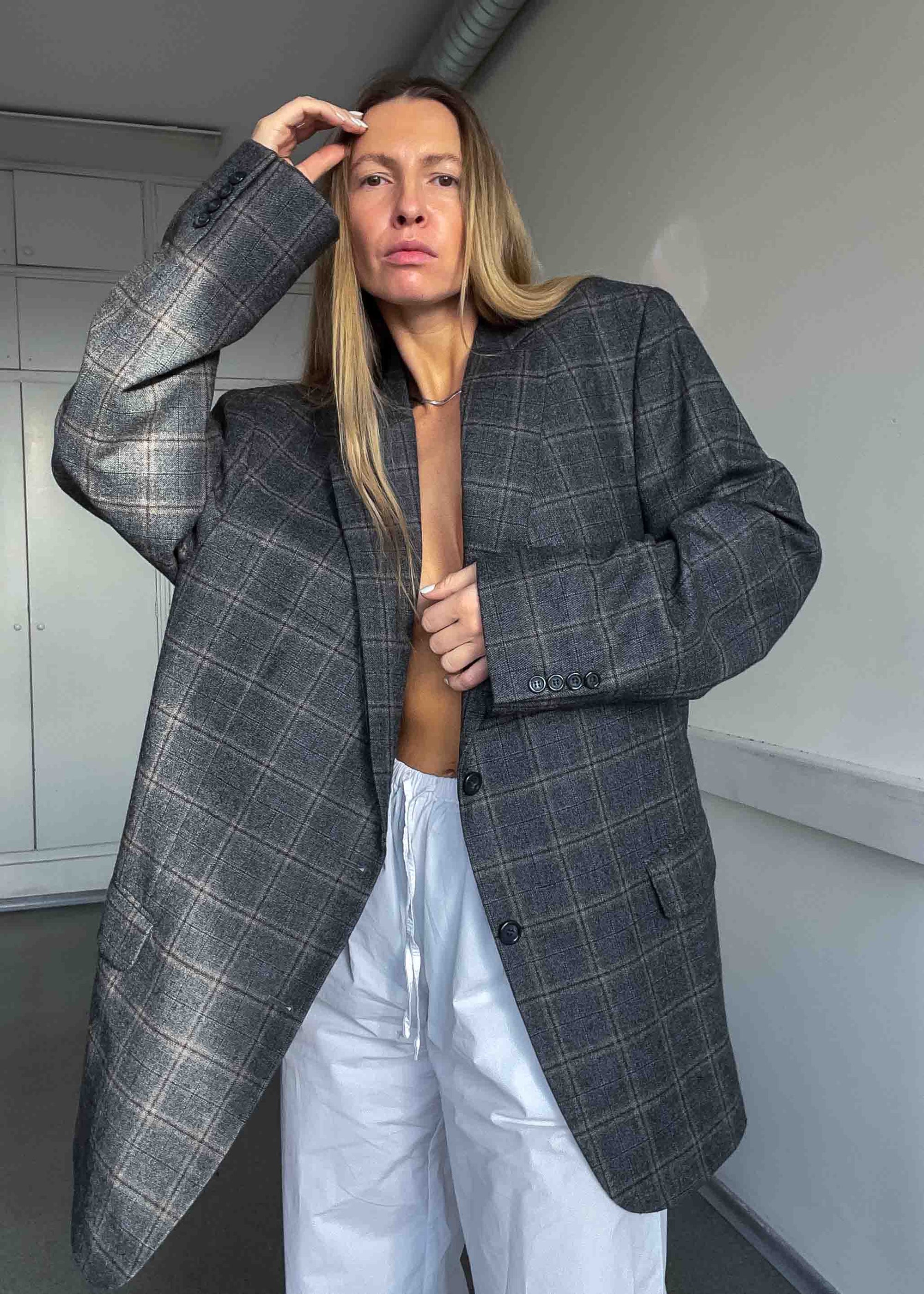 Vintage Grey Checked Oversized Blazer / Coat