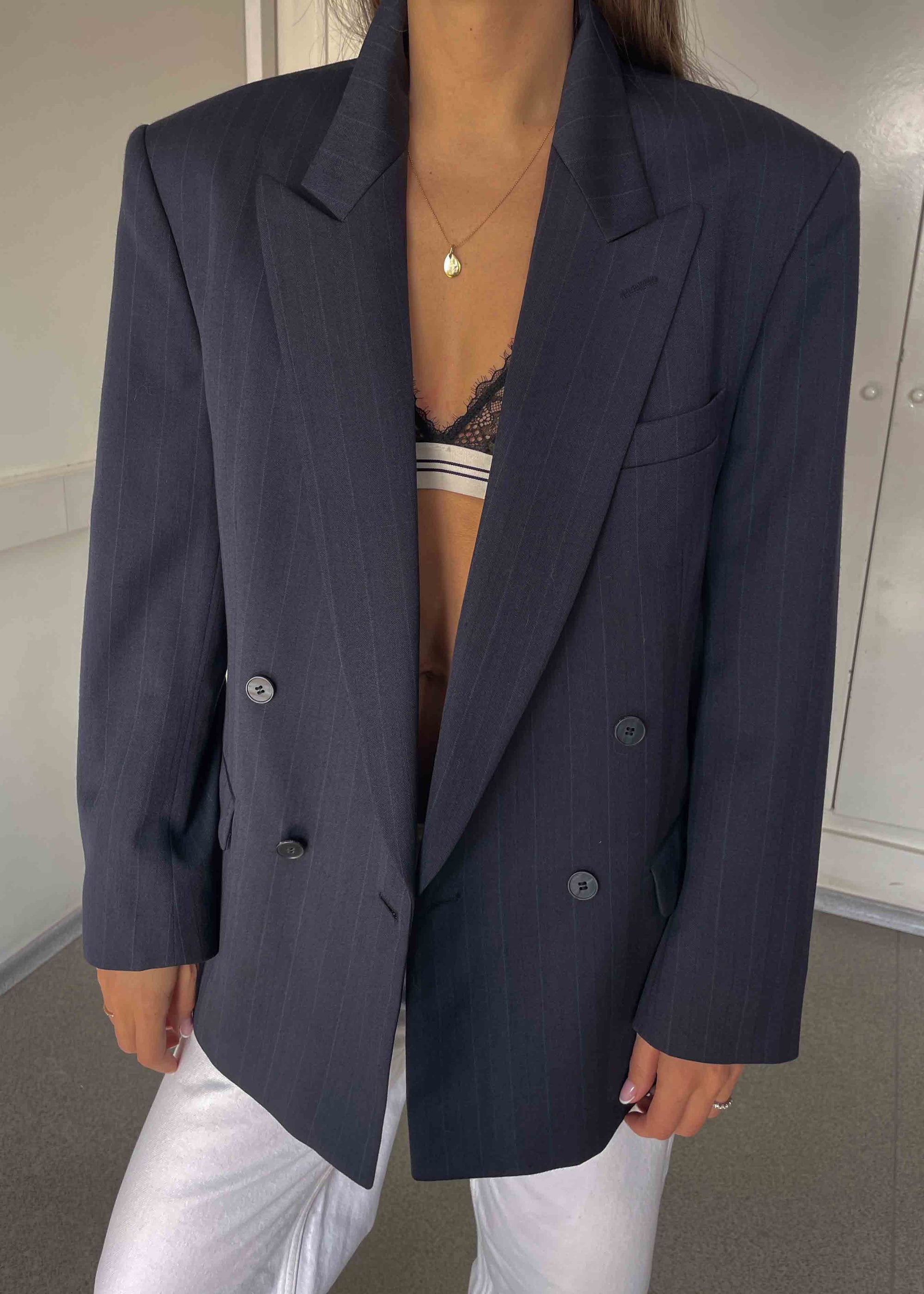 Vintage Blue Striped Oversized Double Breasted Blazer