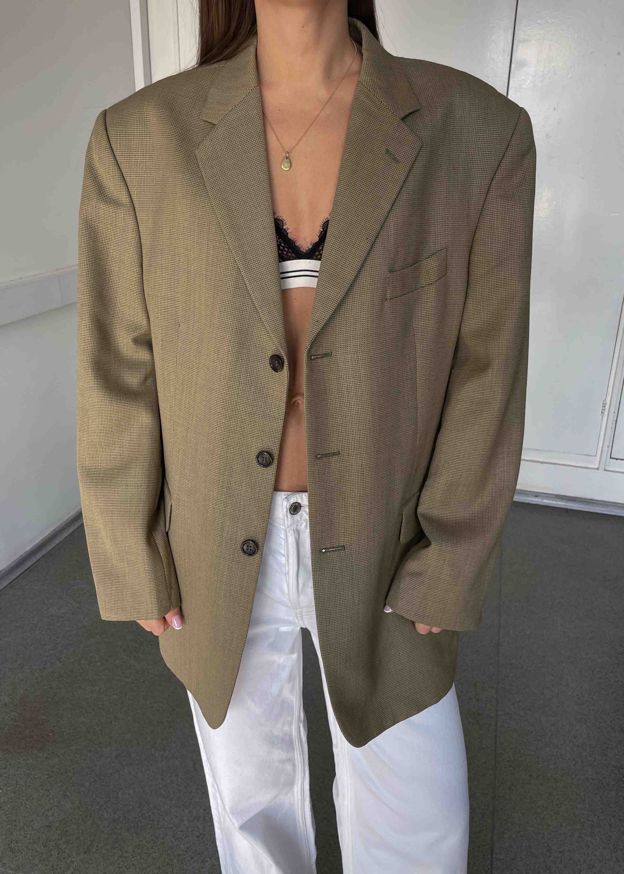Vintage Beige Patterned Oversized Blazer