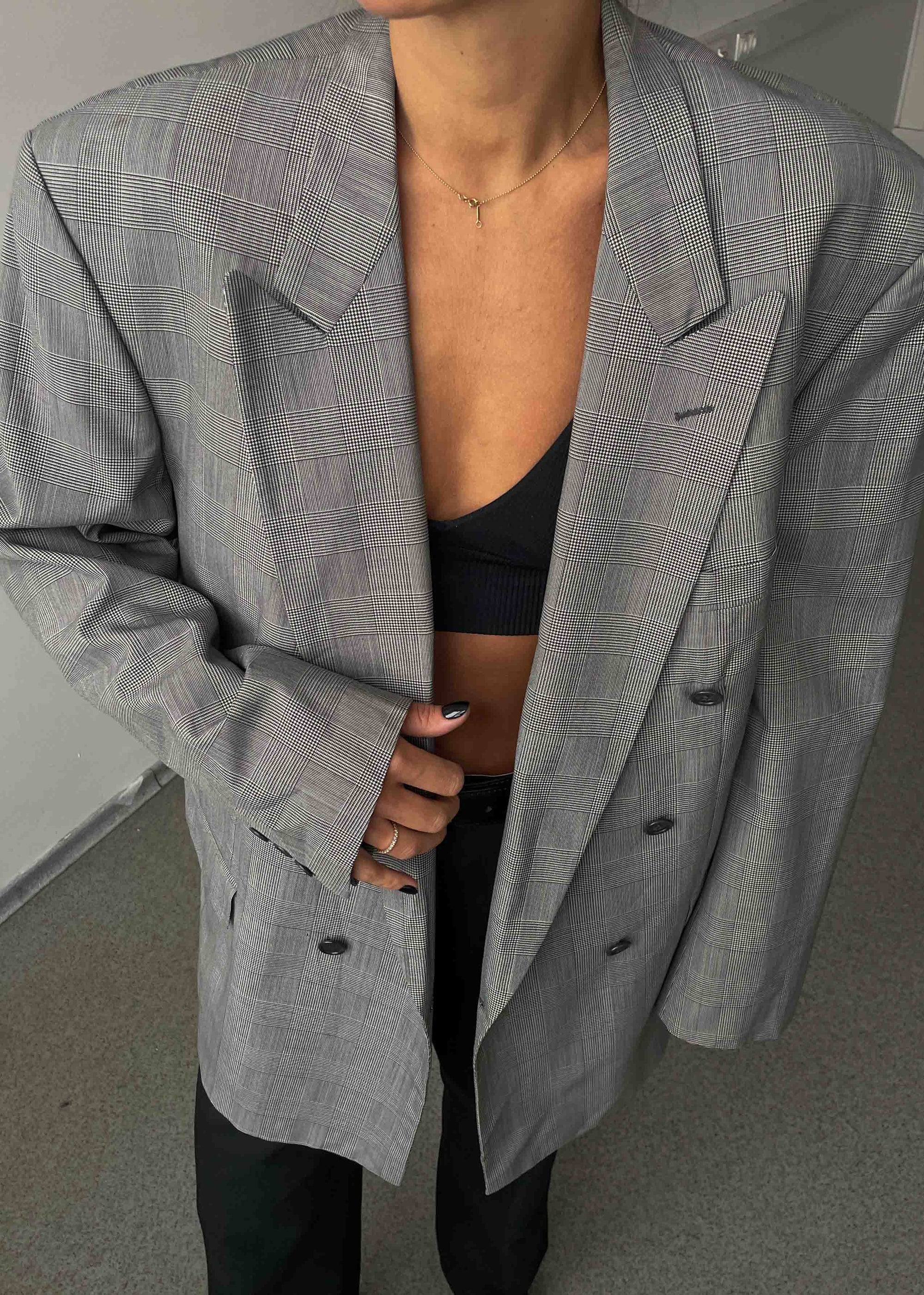 Vintage Grey Checked Oversized Double Breasted Blazer