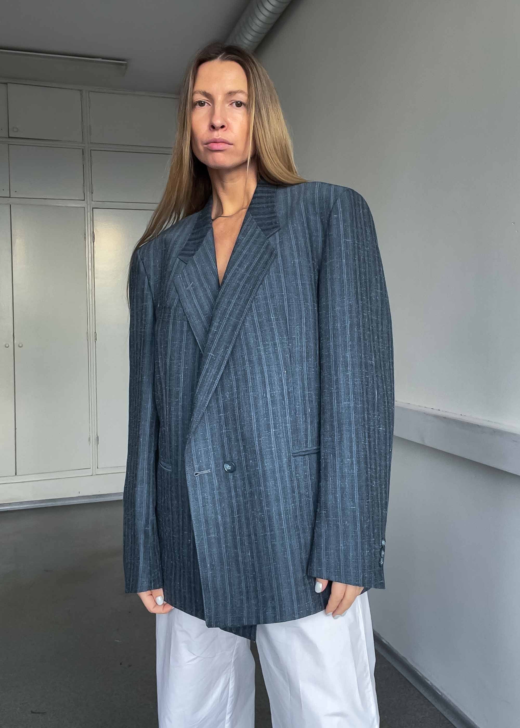 Vintage Grey / Blue Striped Oversized Double Breasted Blazer
