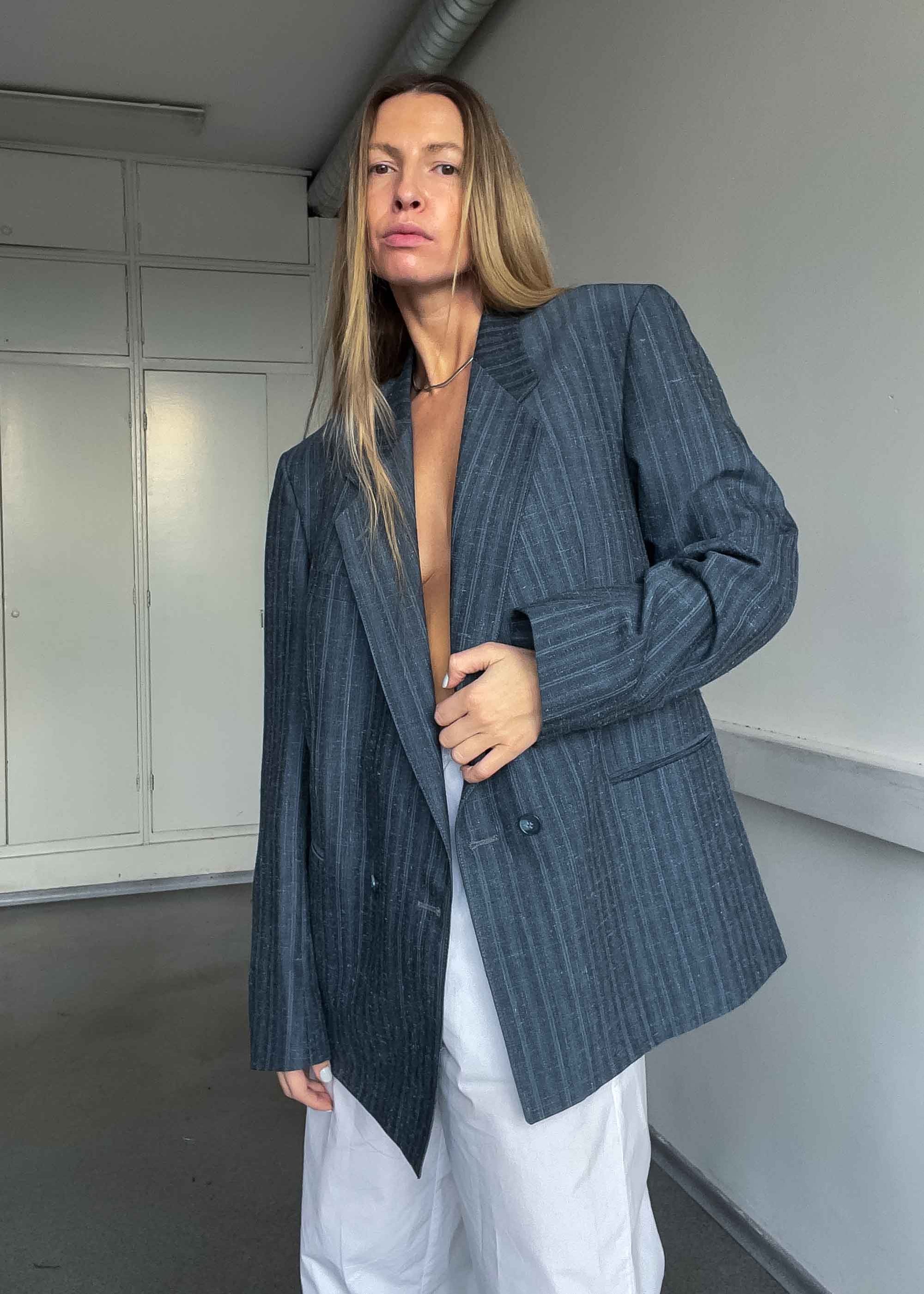 Vintage Grey / Blue Striped Oversized Double Breasted Blazer