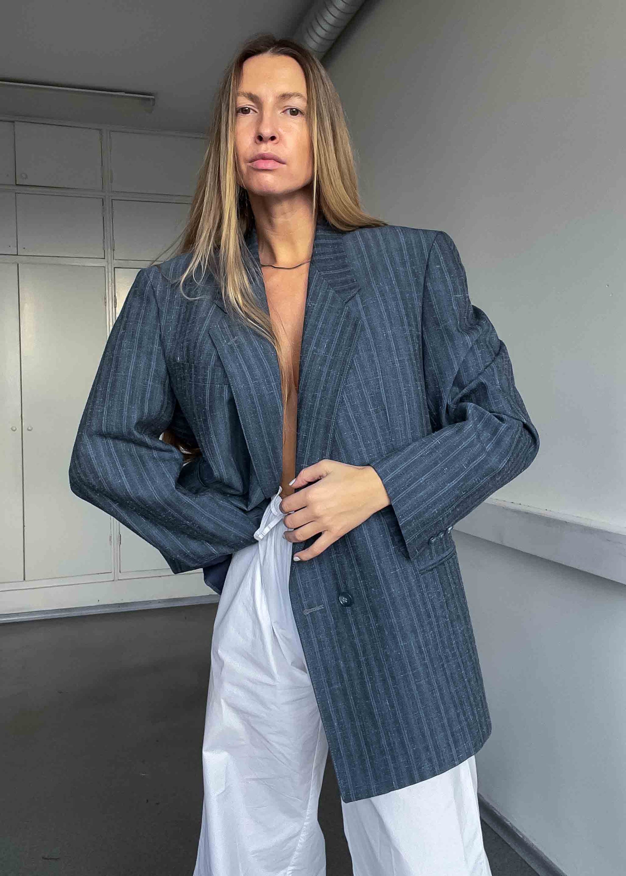 Vintage Grey / Blue Striped Oversized Double Breasted Blazer