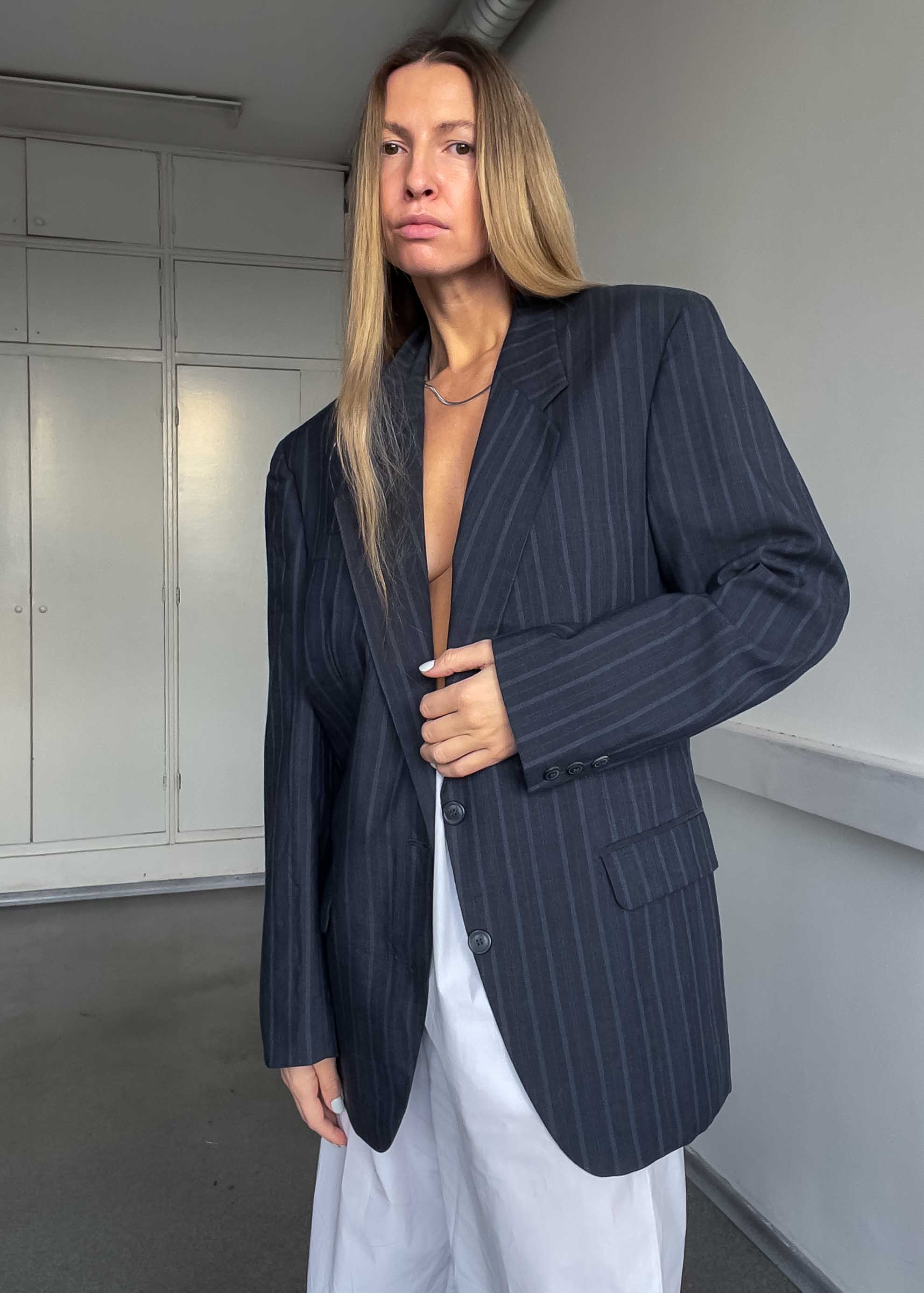 Vintage Grey / Blue Striped Oversized Blazer