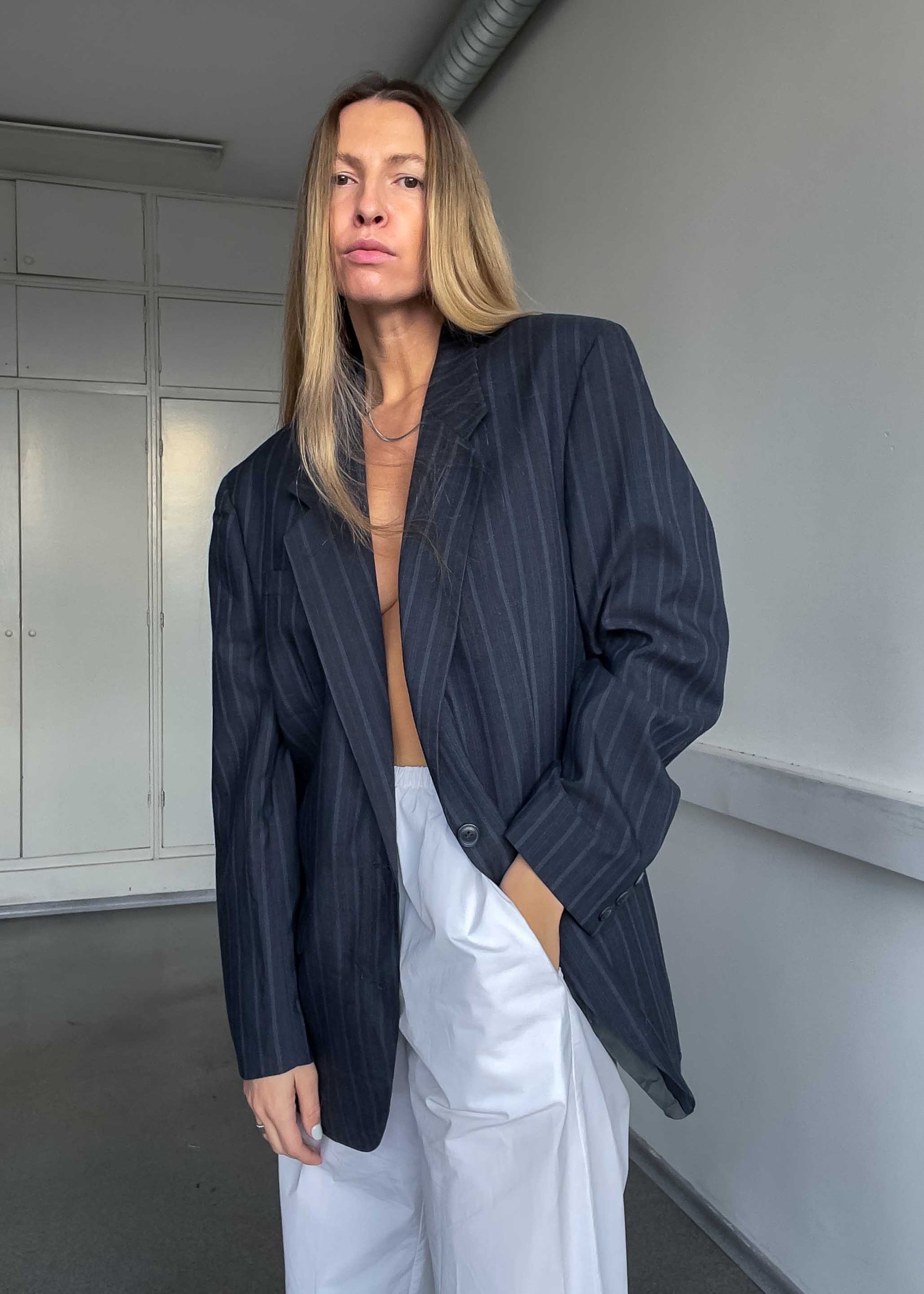 Vintage Grey / Blue Striped Oversized Blazer
