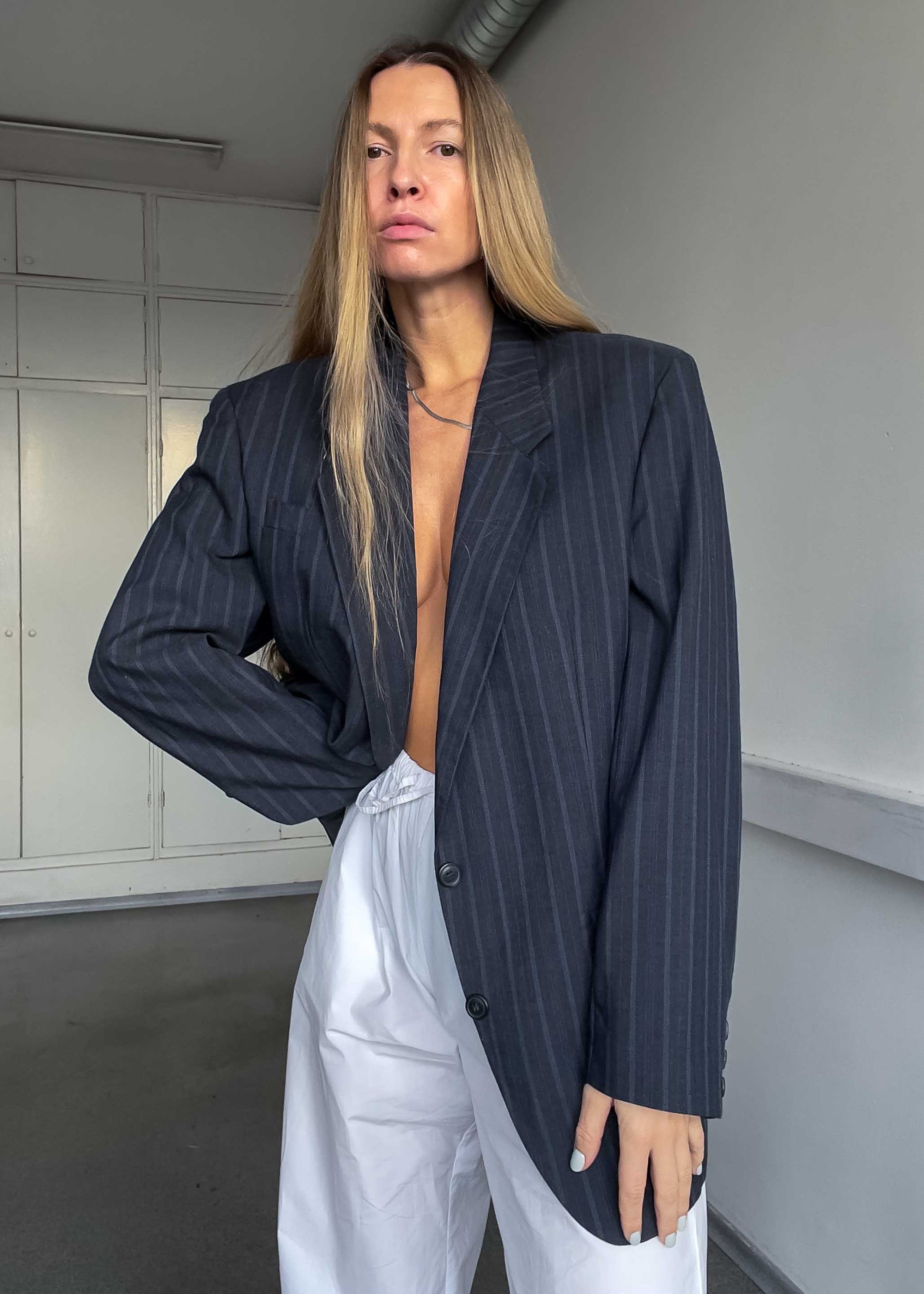 Vintage Grey / Blue Striped Oversized Blazer