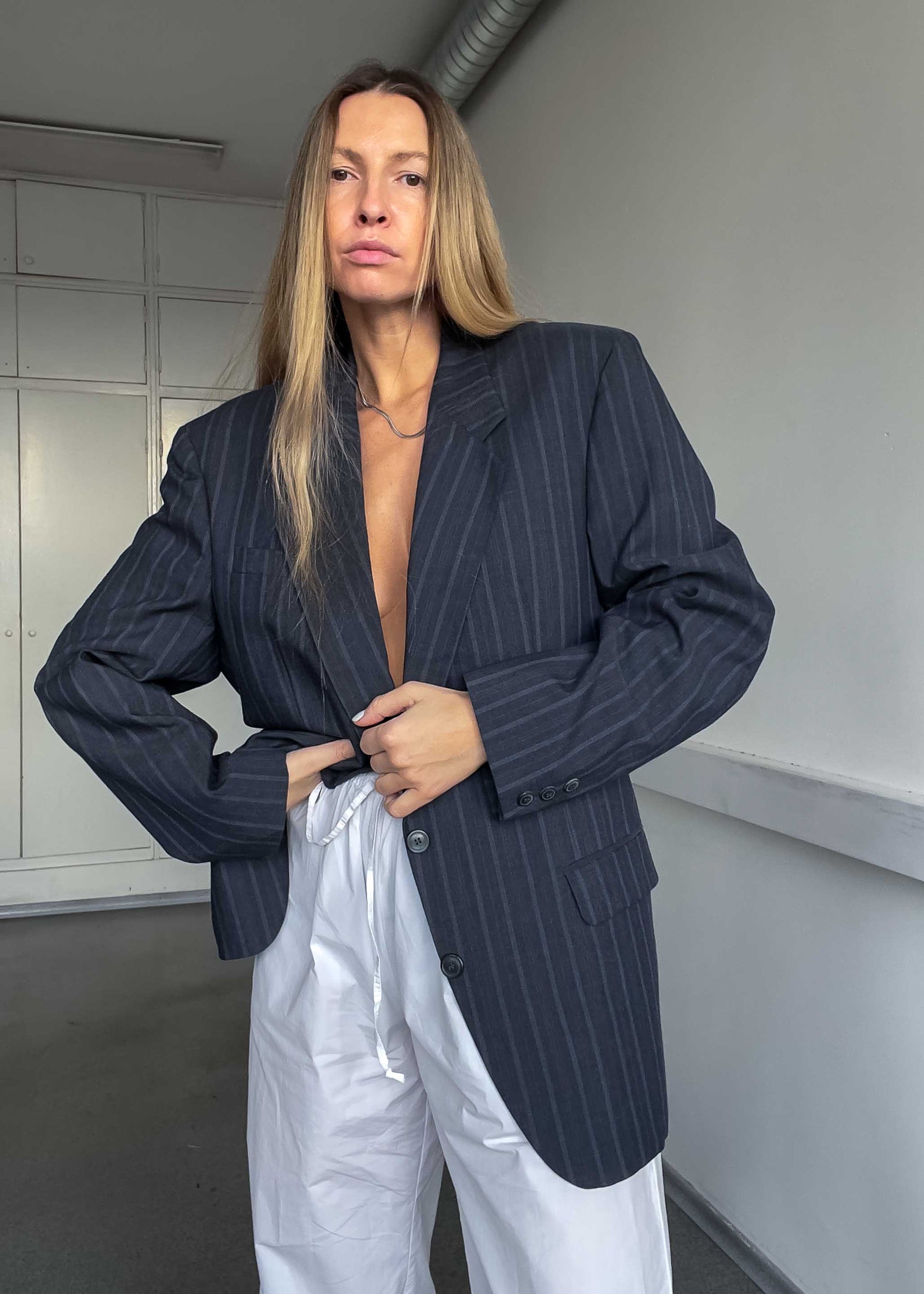 Vintage Grey / Blue Striped Oversized Blazer
