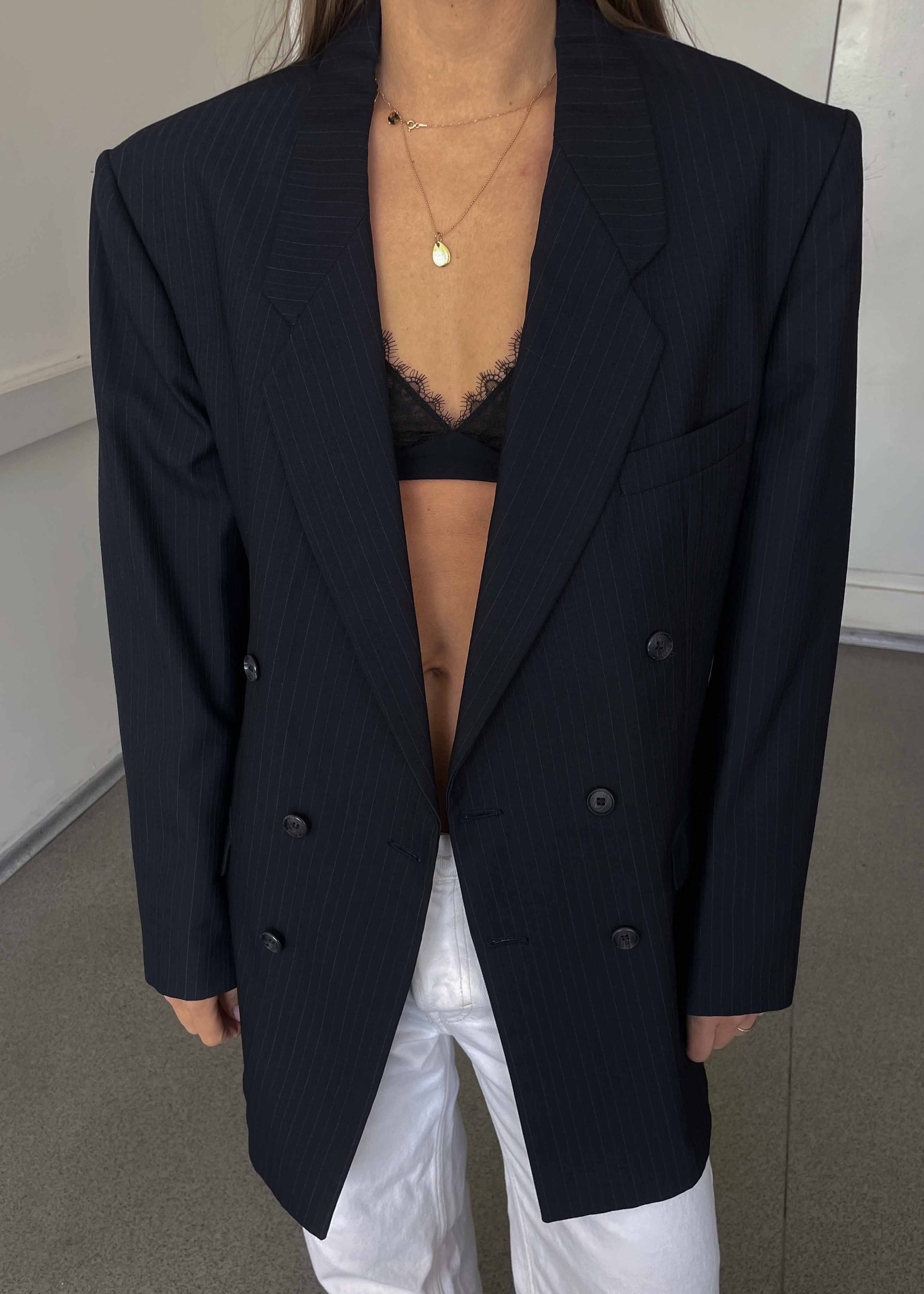 Vintage Navy blue Striped Oversized Double Breasted Blazer