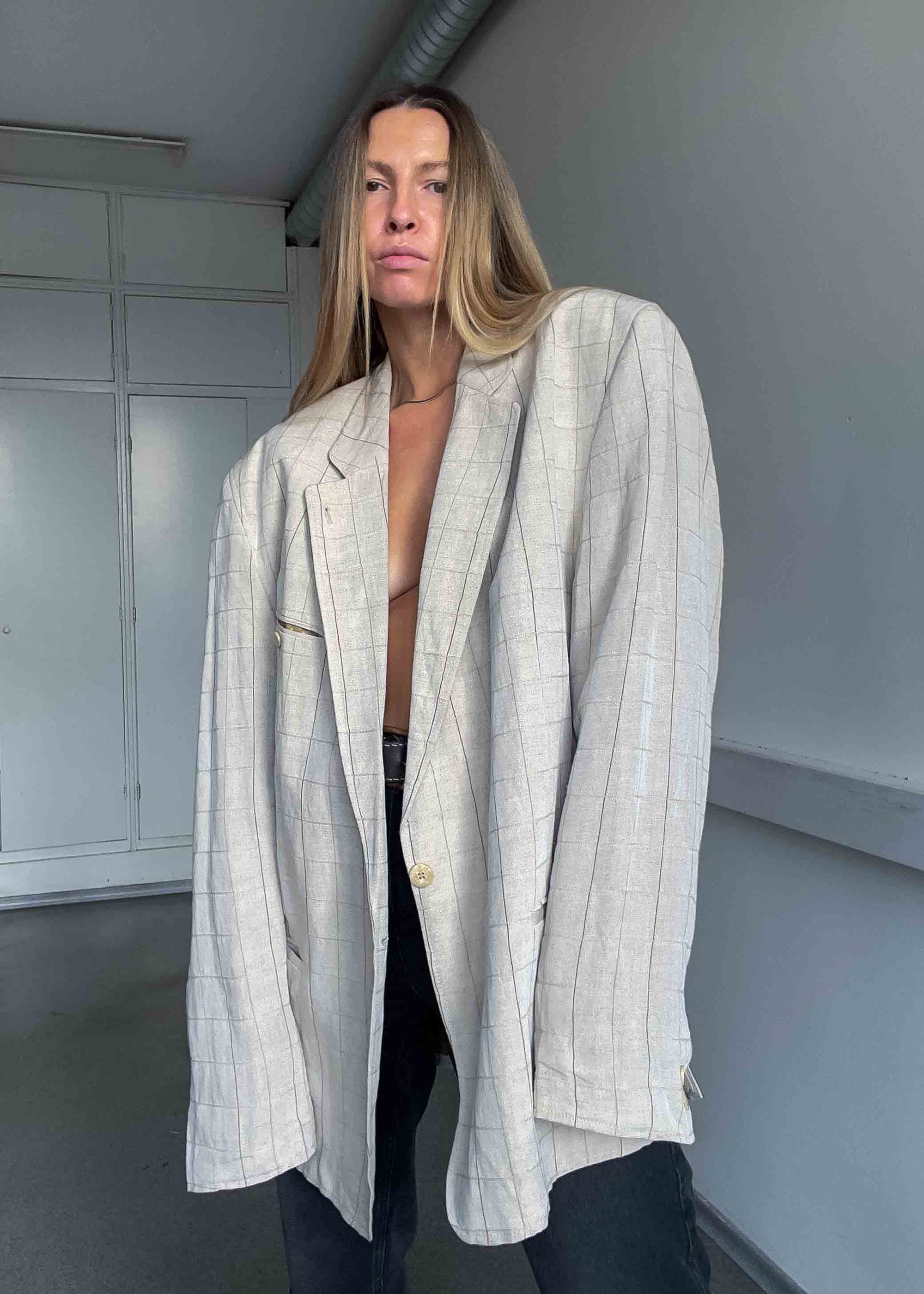 Vintage Beige Linen Blend Oversized Blazer