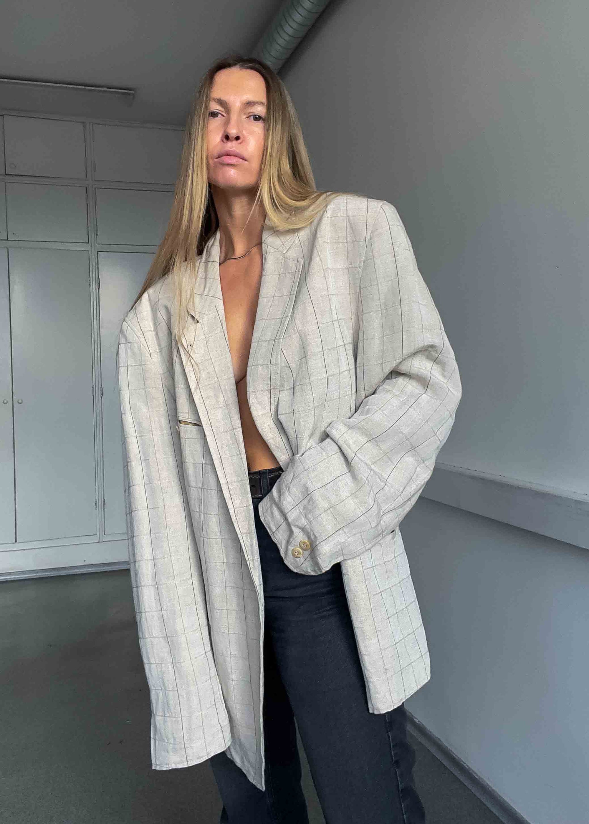 Vintage Beige Linen Blend Oversized Blazer