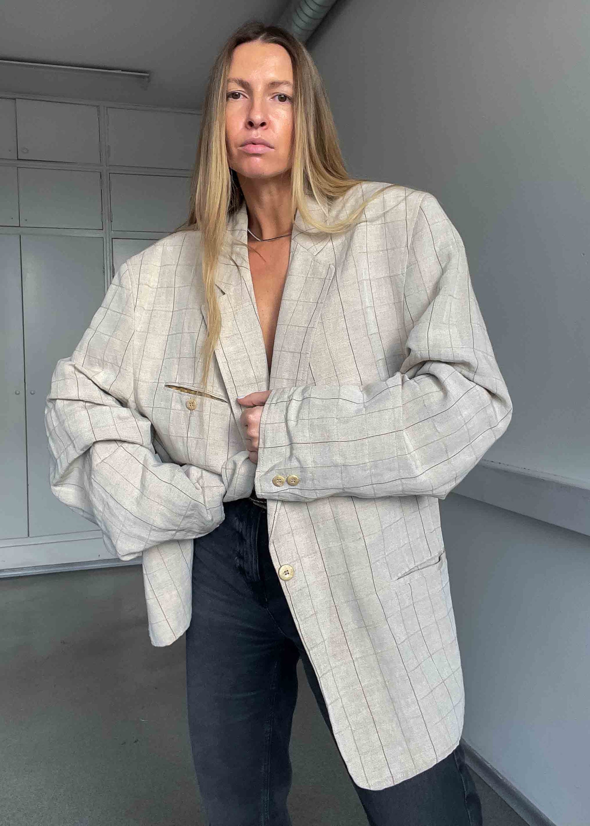 Vintage Beige Linen Blend Oversized Blazer