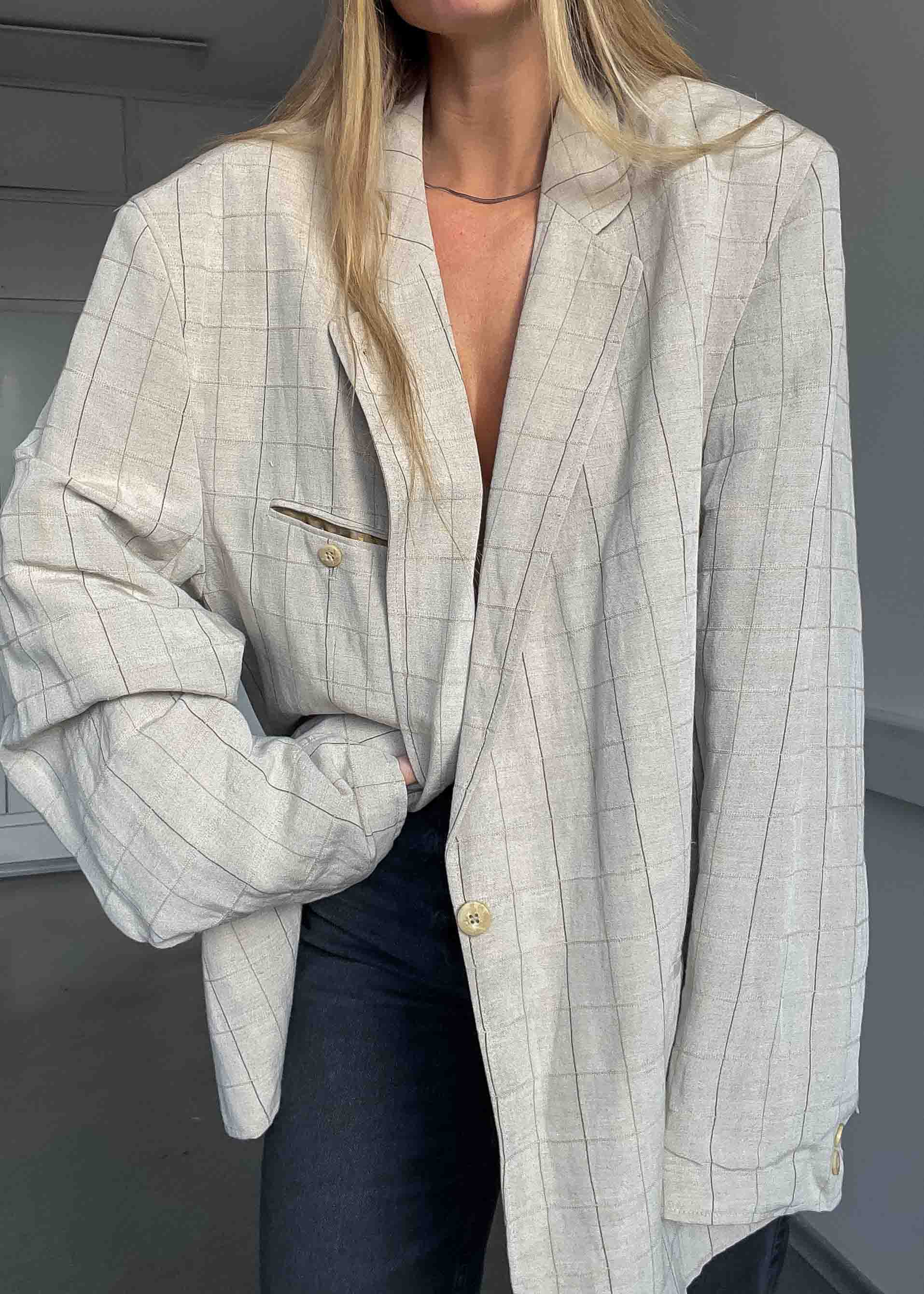 Vintage Beige Linen Blend Oversized Blazer