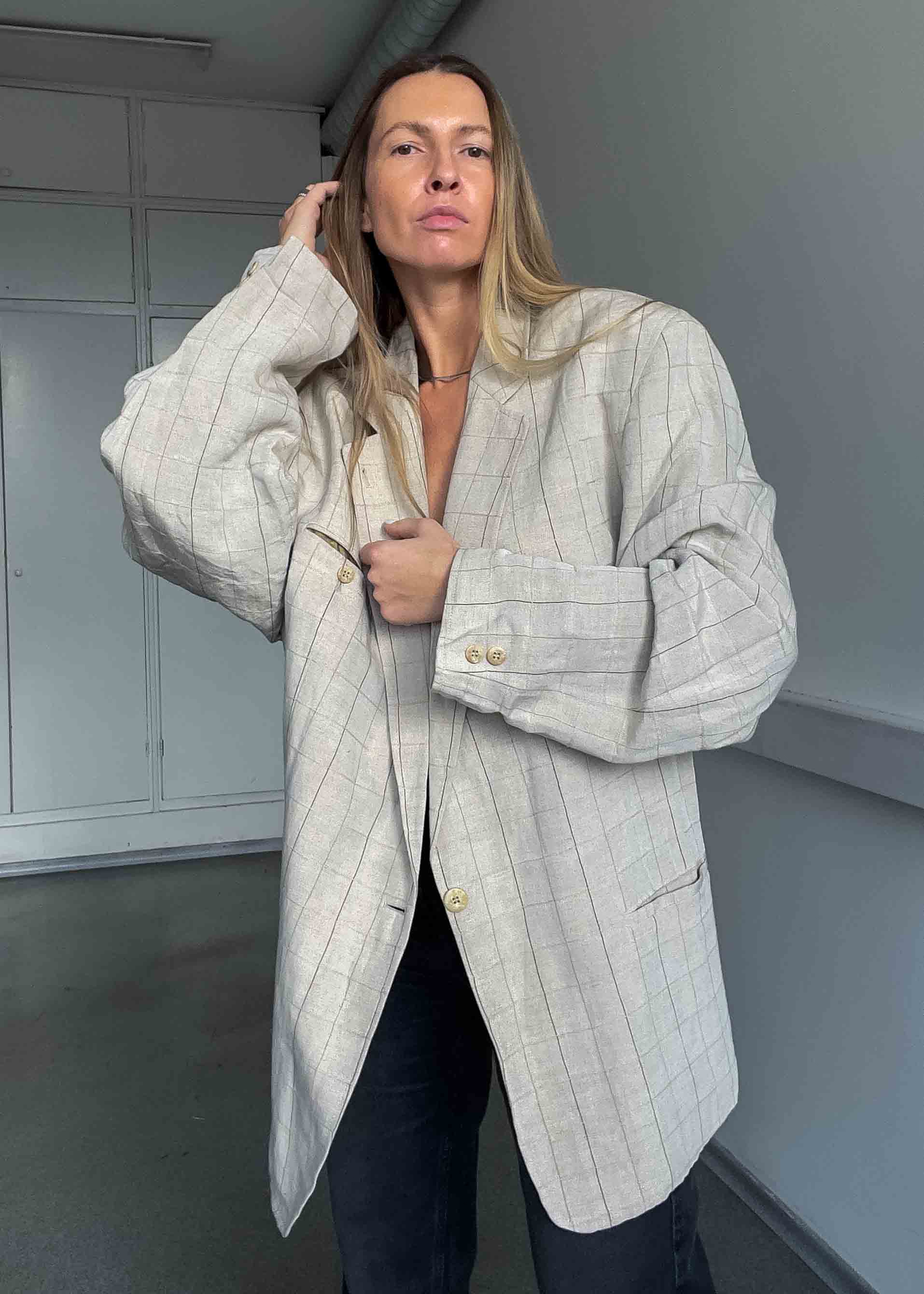 Vintage Beige Linen Blend Oversized Blazer