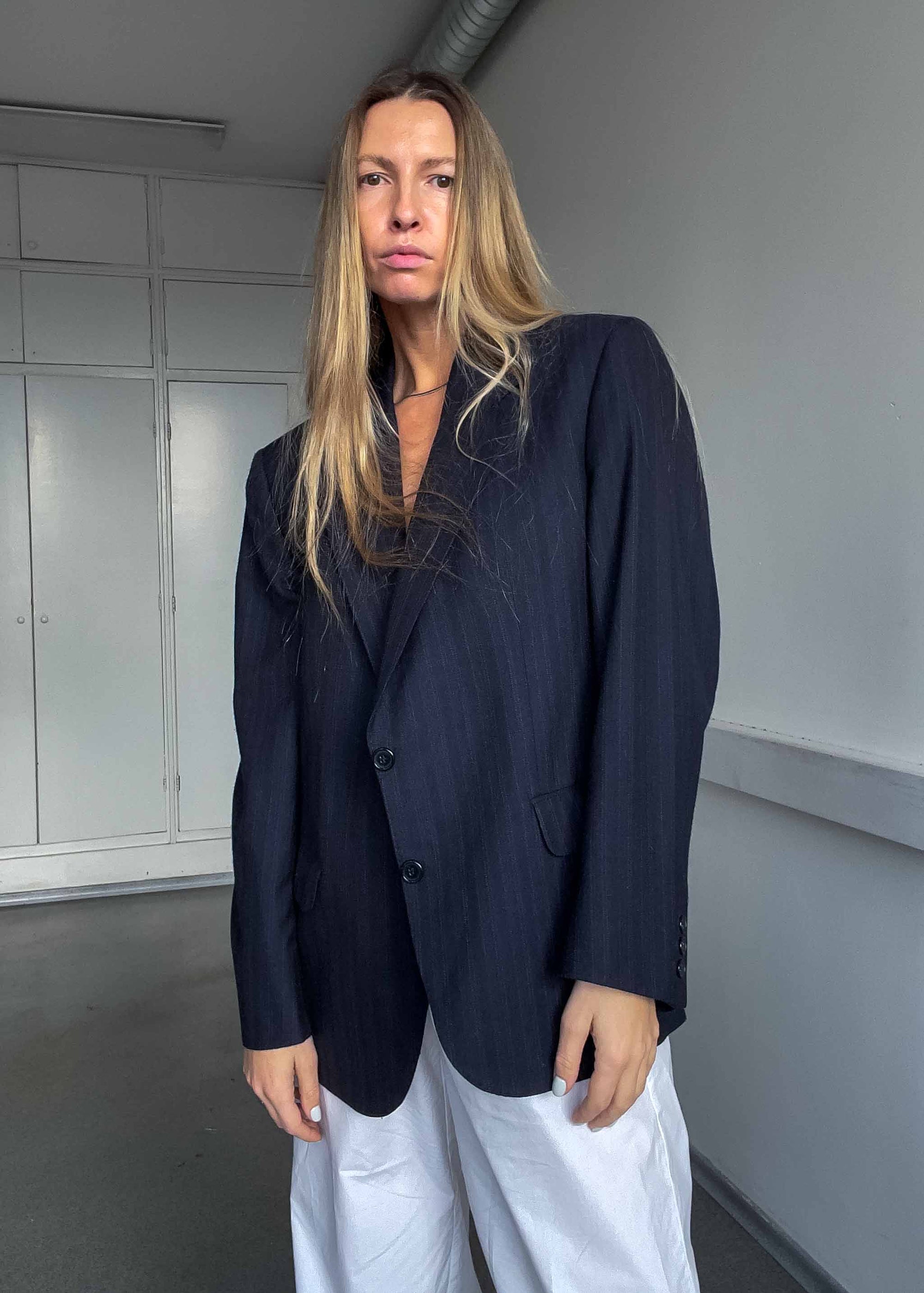 Vintage Navy Blue Striped Oversized Blazer