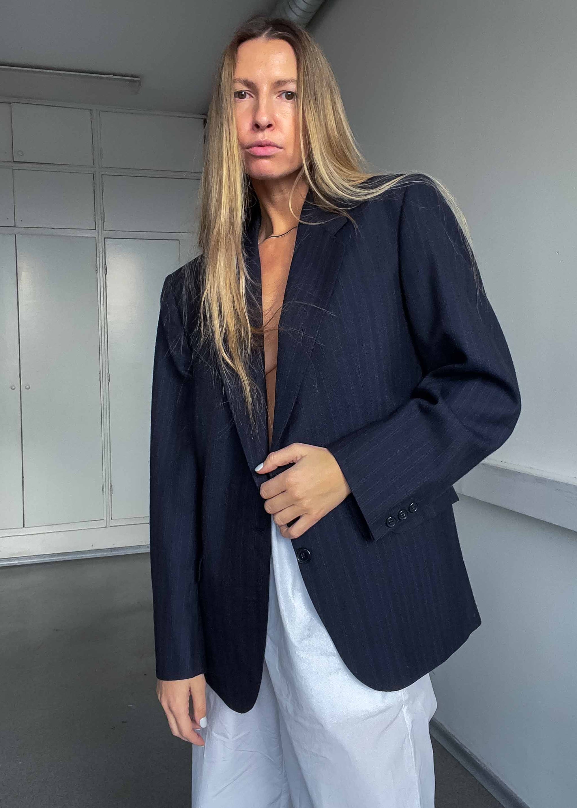 Vintage Navy Blue Striped Oversized Blazer