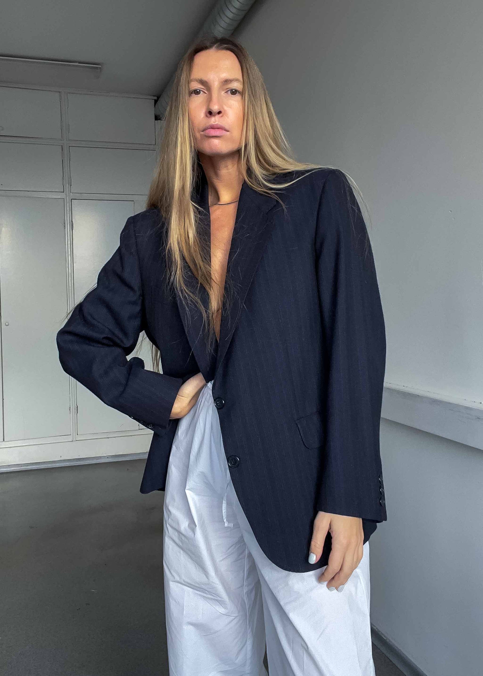 Vintage Navy Blue Striped Oversized Blazer