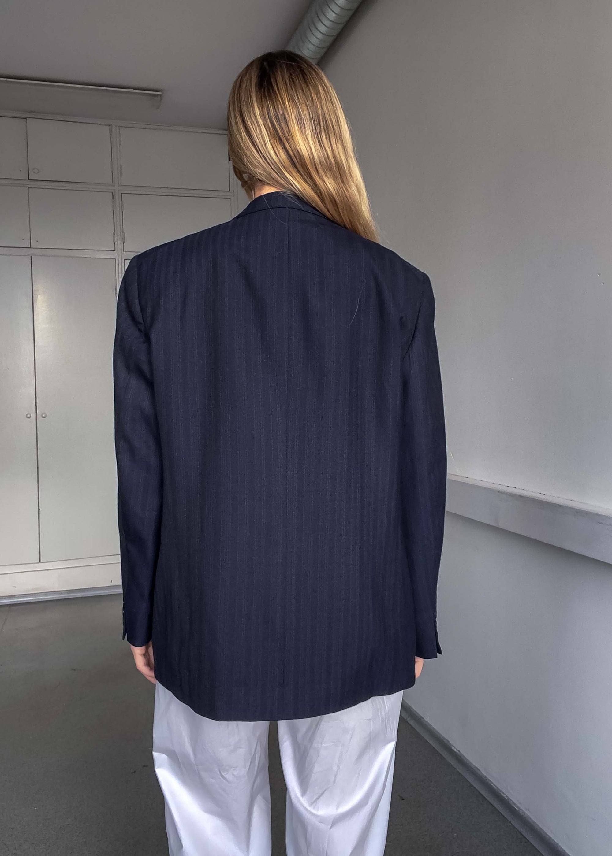 Vintage Navy Blue Striped Oversized Blazer