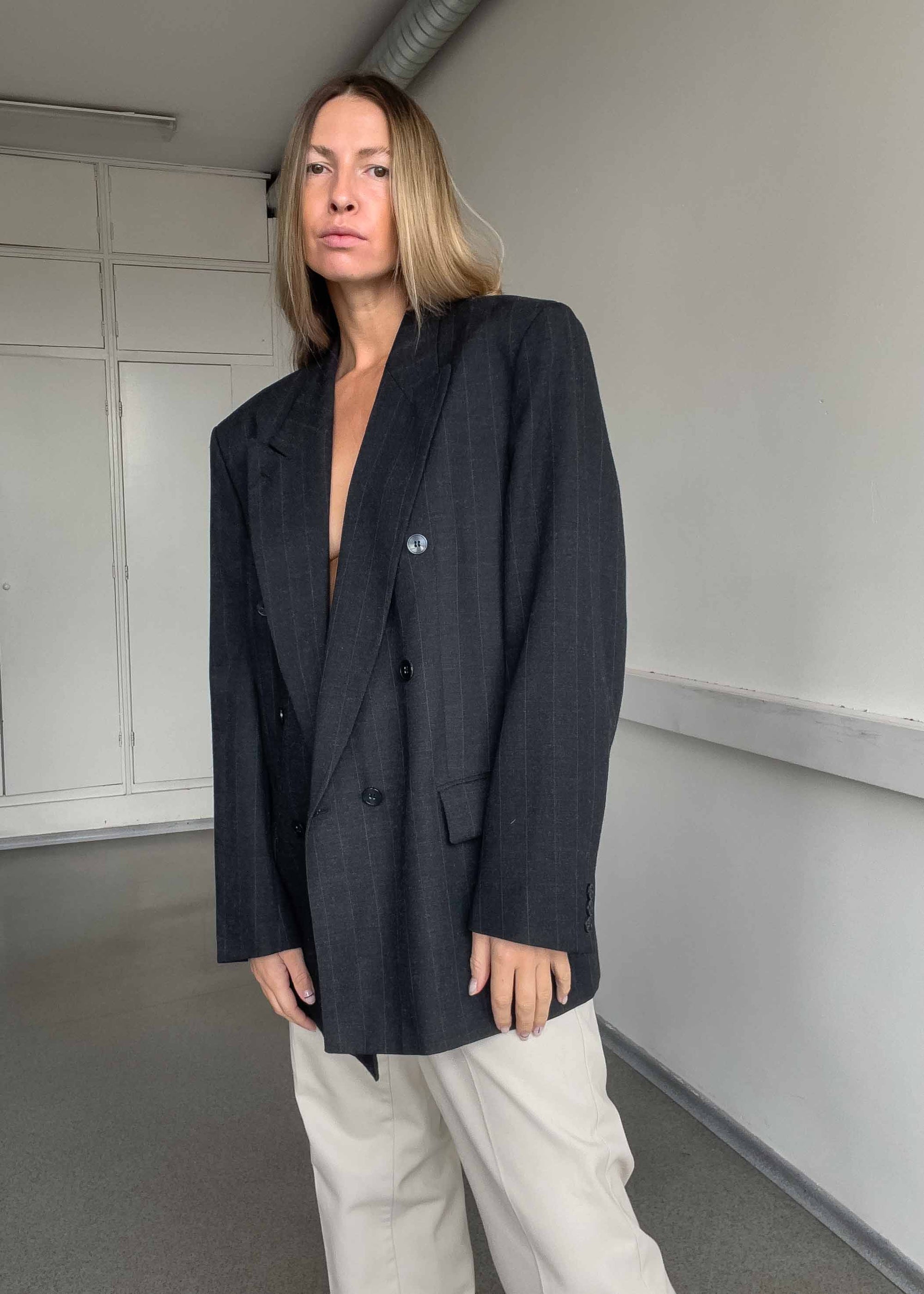 Vintage Grey Oversized Double Breasted Blazer