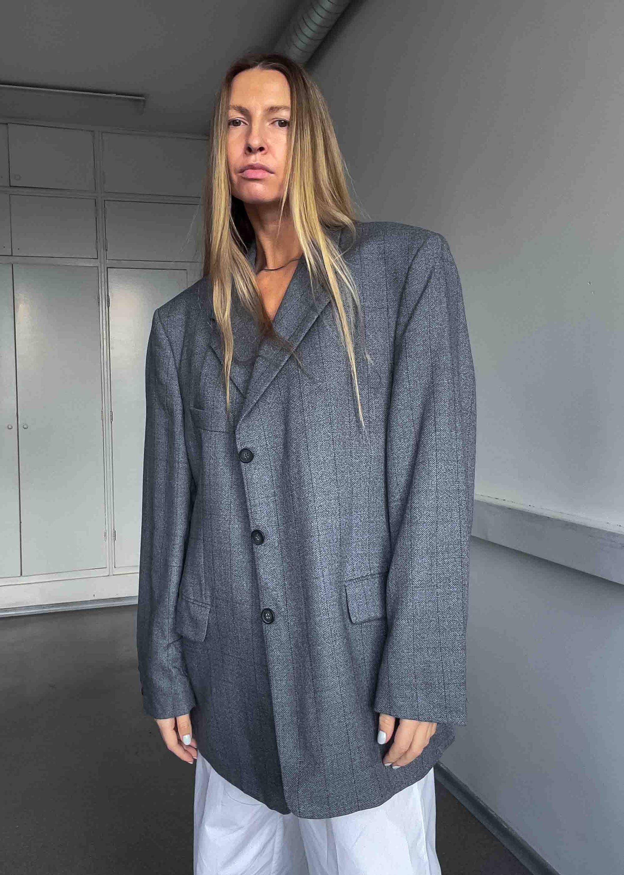 Vintage Light Grey Checked Oversized 100% WOOL Blazer