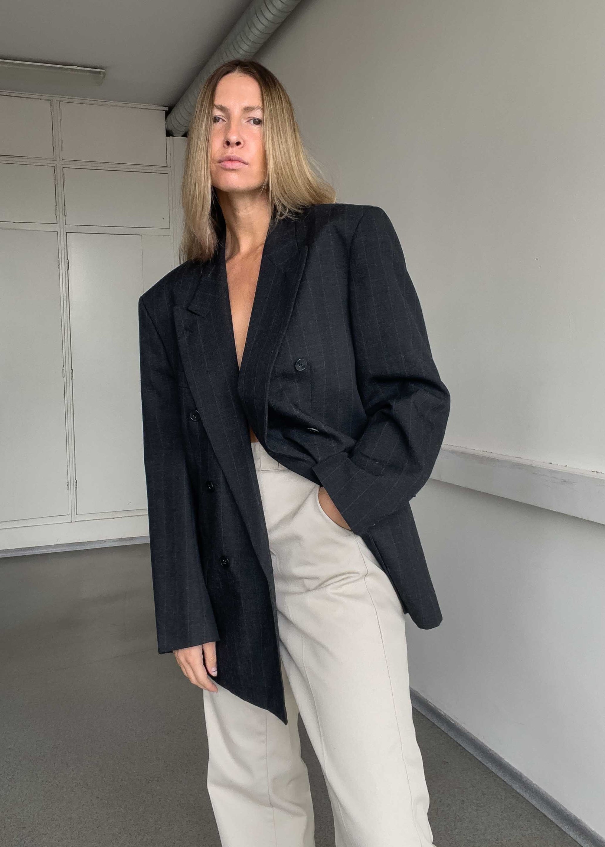 Vintage Grey Oversized Double Breasted Blazer