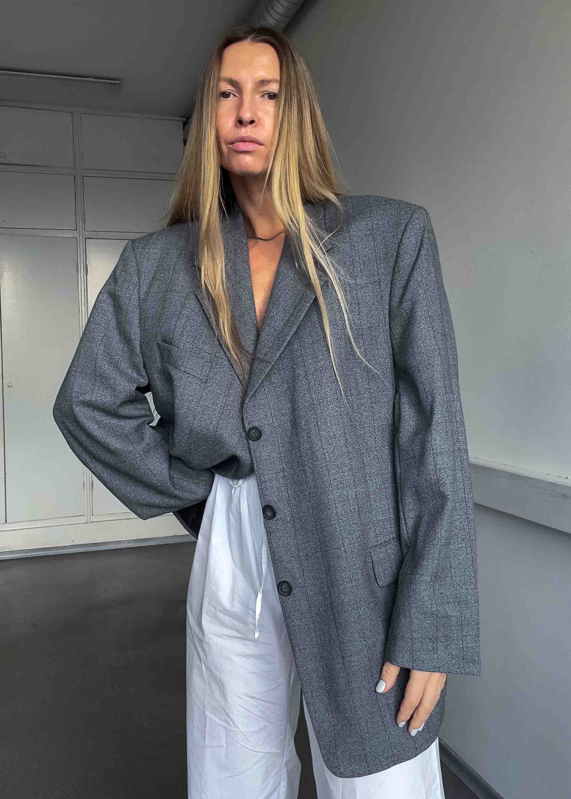 Vintage Light Grey Checked Oversized 100% WOOL Blazer