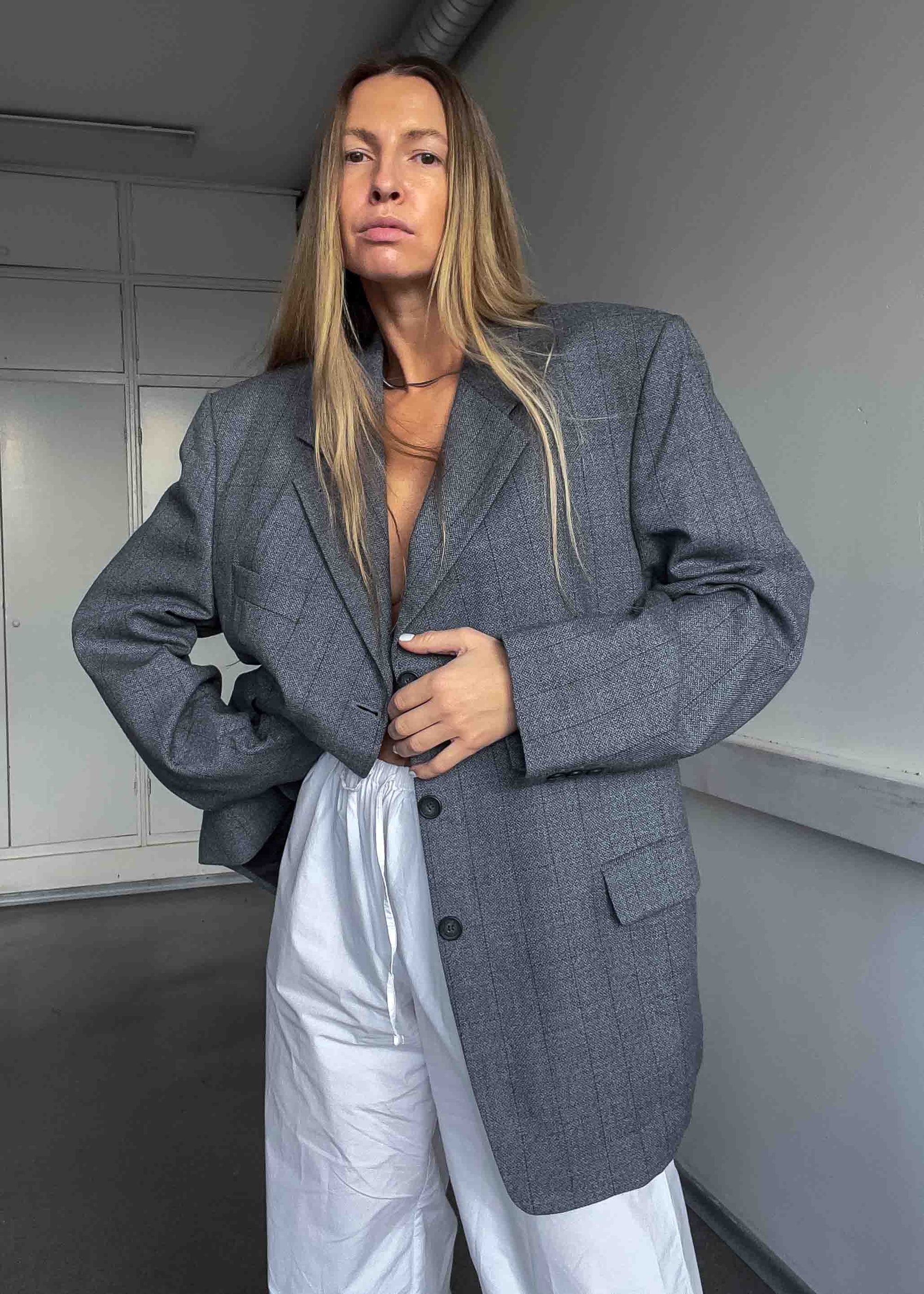 Vintage Light Grey Checked Oversized 100% WOOL Blazer