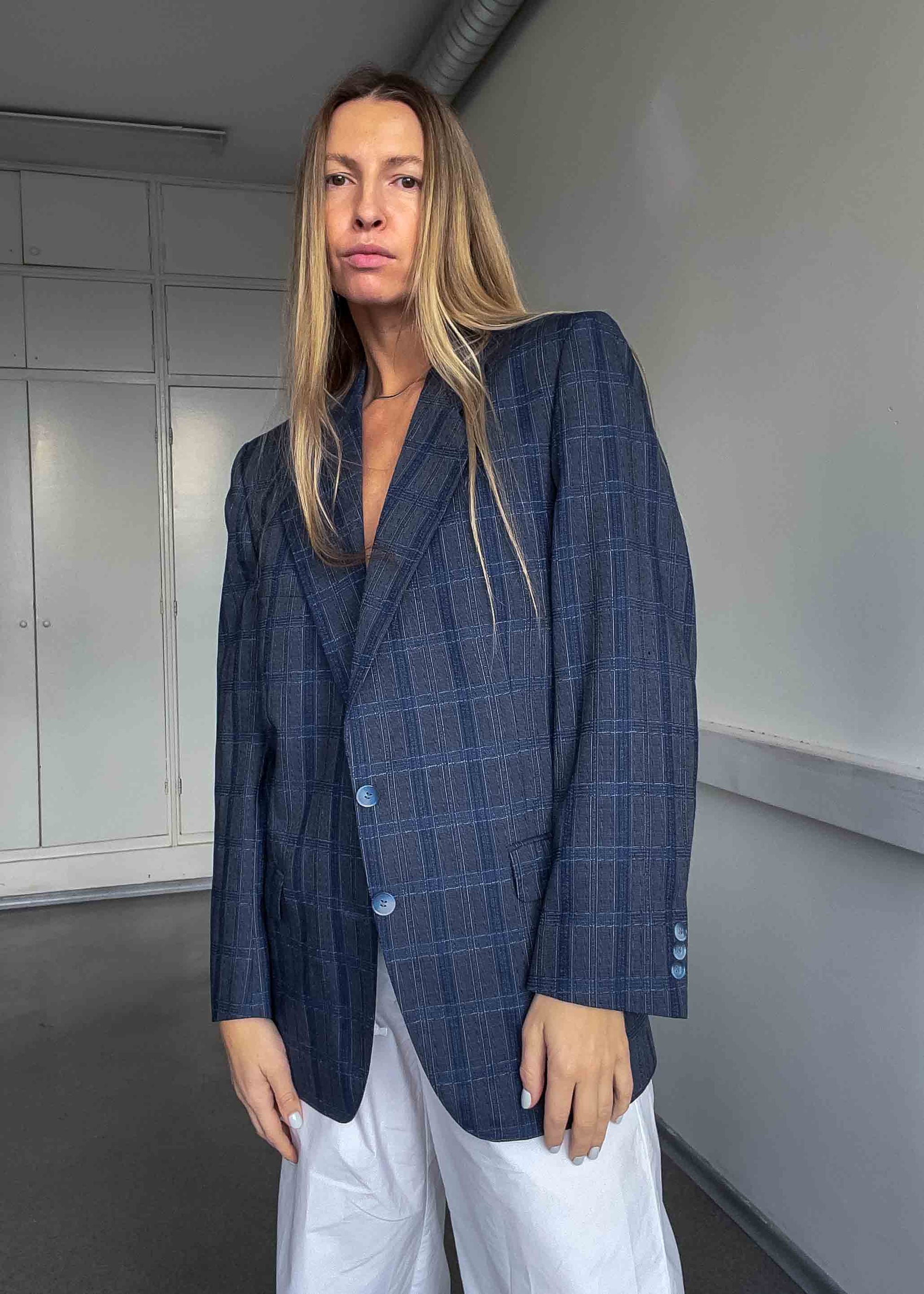 Vintage Grey / Blue Checked Oversized 100% WOOL Blazer