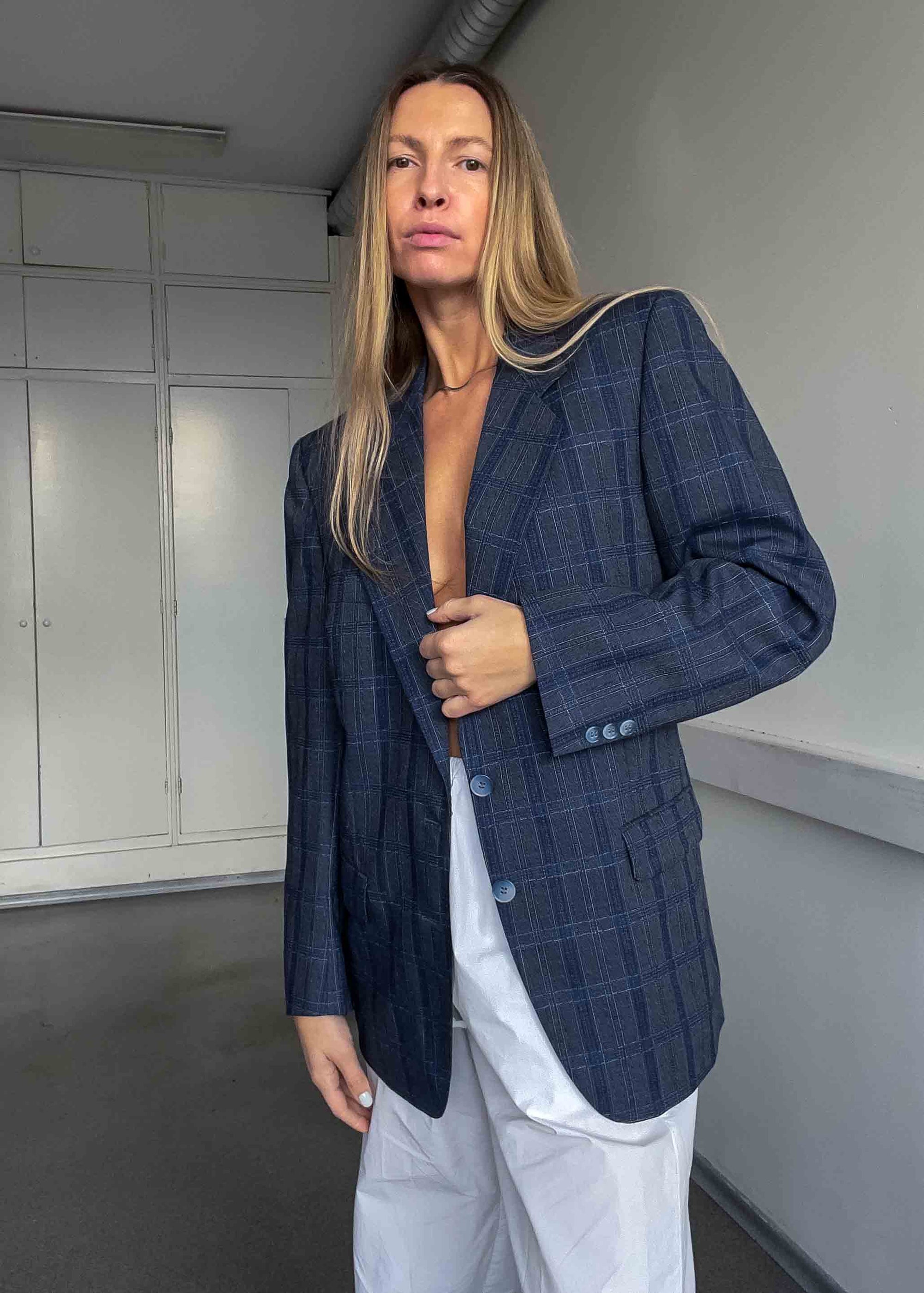 Vintage Grey / Blue Checked Oversized 100% WOOL Blazer