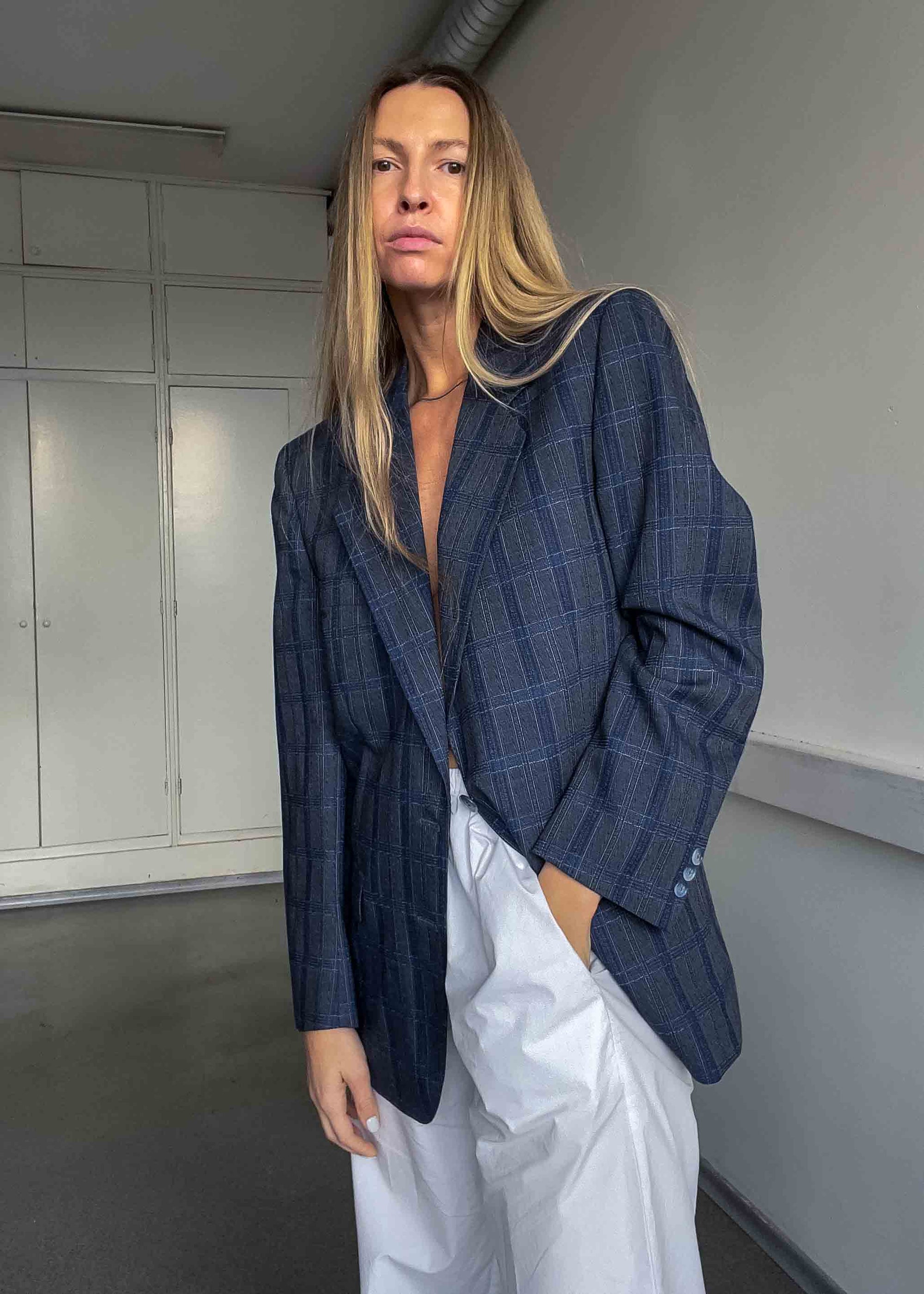 Vintage Grey / Blue Checked Oversized 100% WOOL Blazer