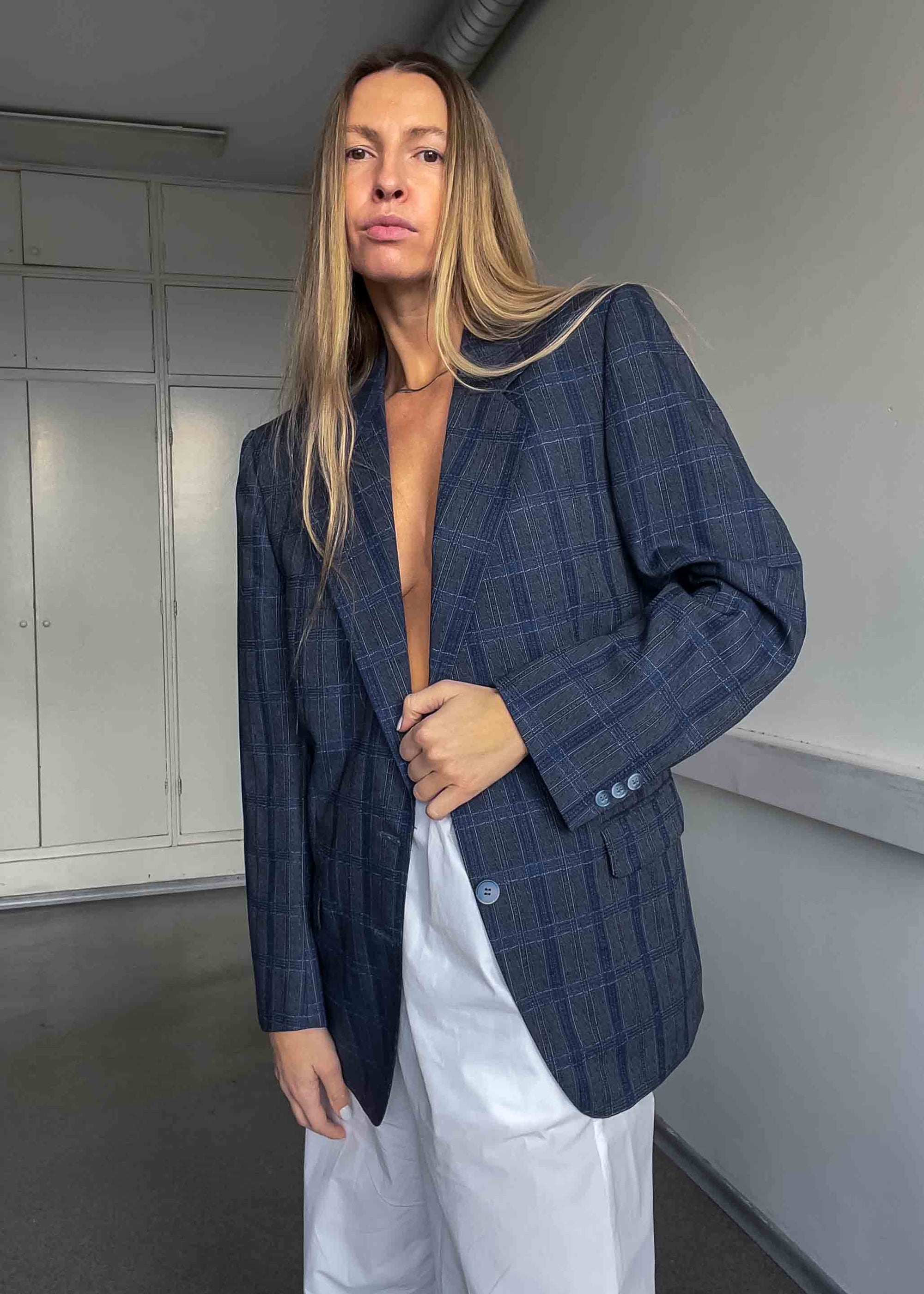 Vintage Grey / Blue Checked Oversized 100% WOOL Blazer