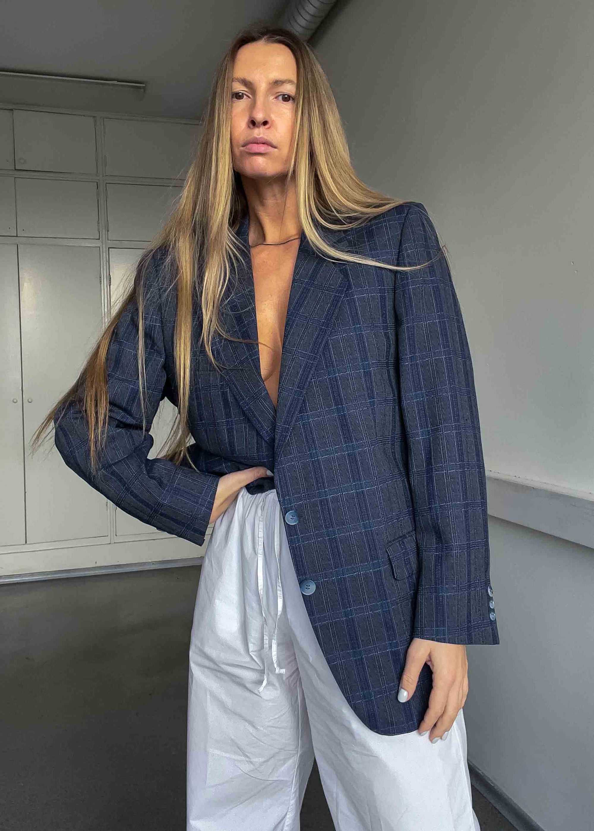 Vintage Grey / Blue Checked Oversized 100% WOOL Blazer