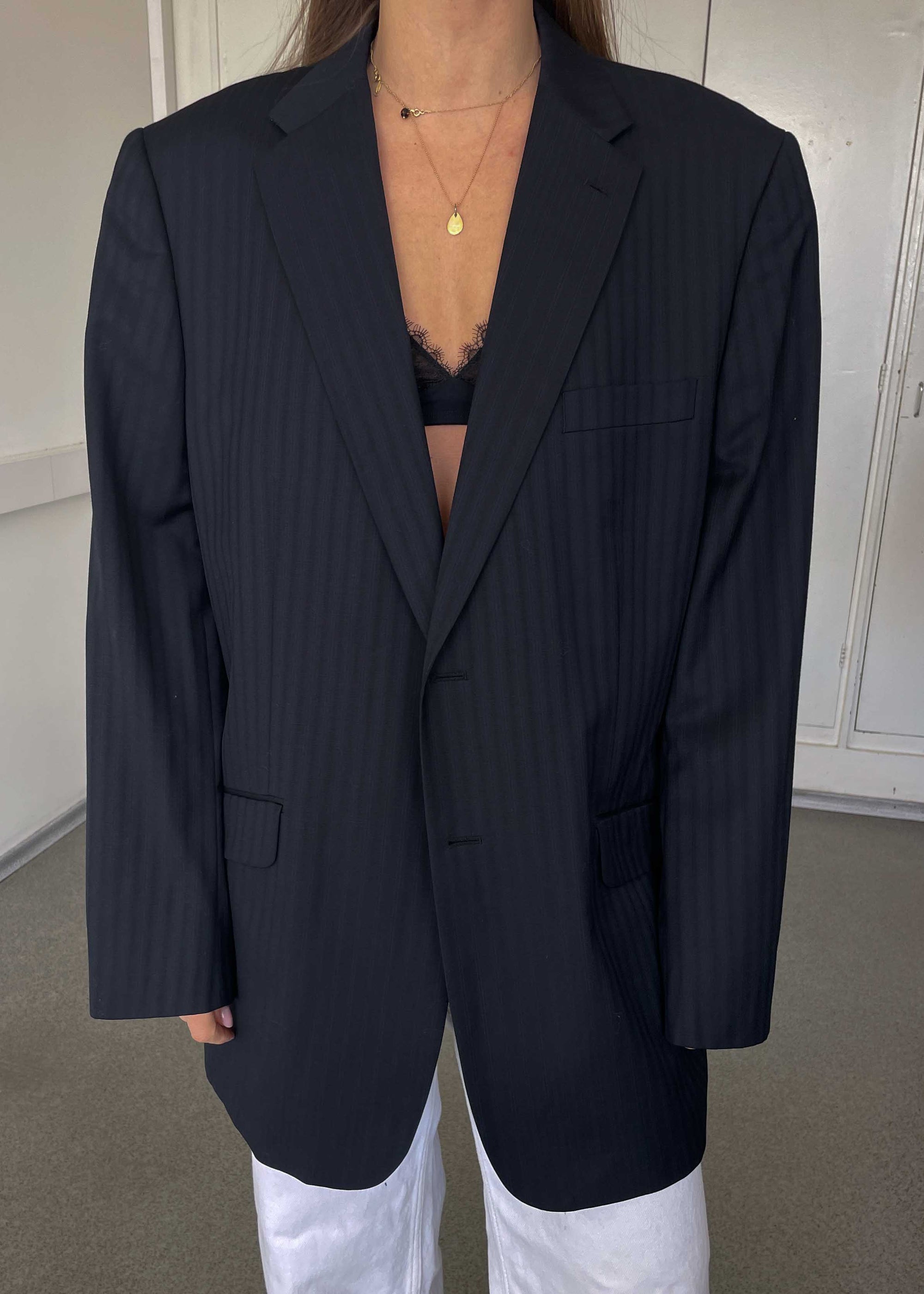 Vintage Navy Blue Stripe Patterned Oversized Blazer