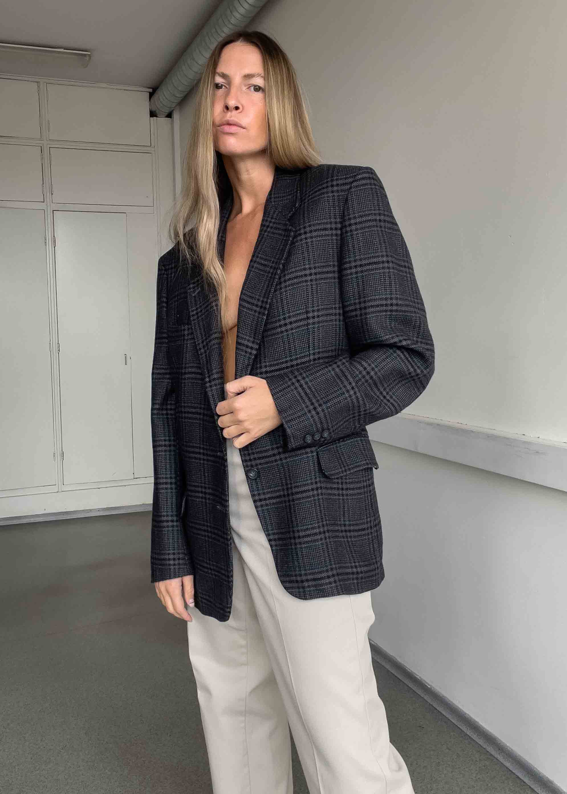 Vintage Grey Checked Oversized Blazer