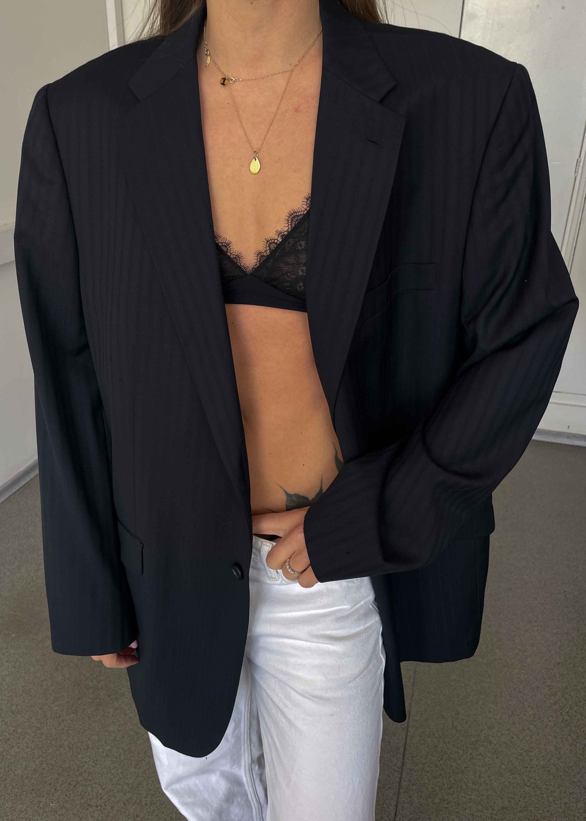 Vintage Navy Blue Stripe Patterned Oversized Blazer