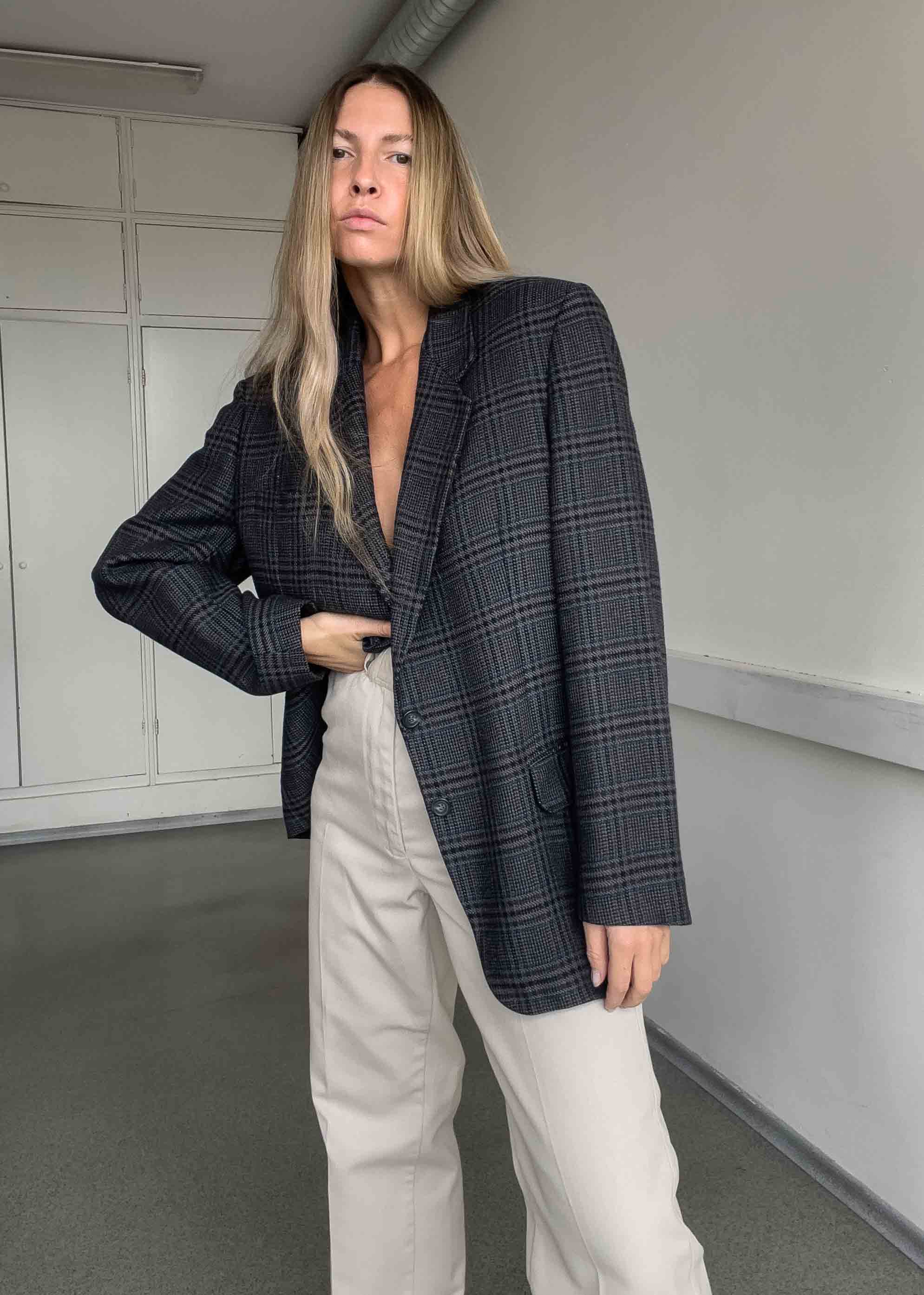 Vintage Grey Checked Oversized Blazer