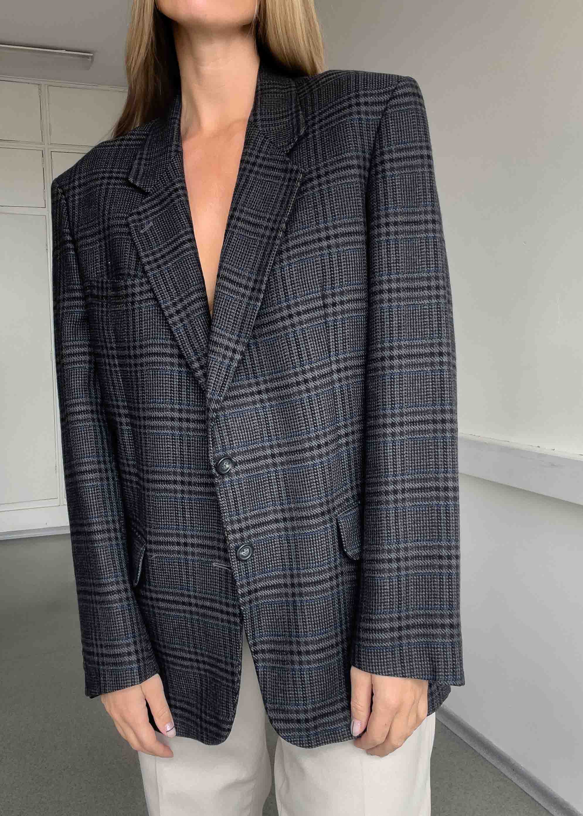 Vintage Grey Checked Oversized Blazer