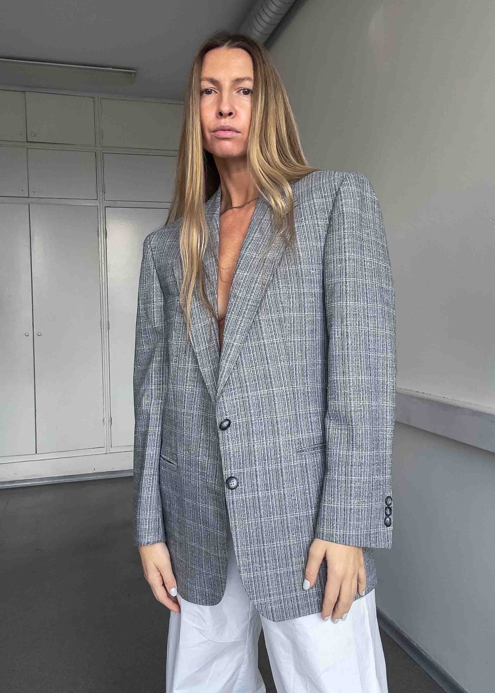 Vintage Light Grey Checked Oversized Blazer