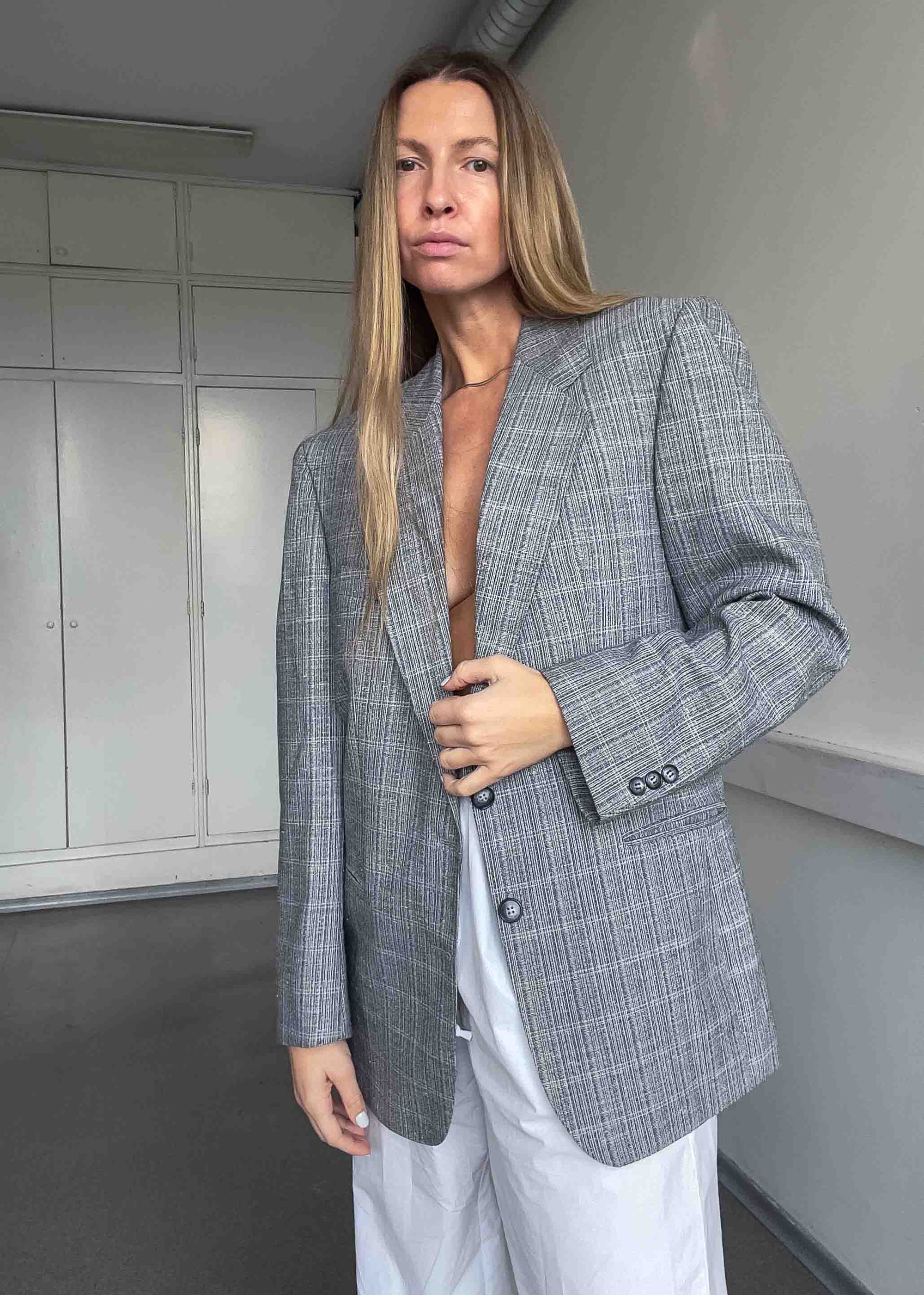 Vintage Light Grey Checked Oversized Blazer