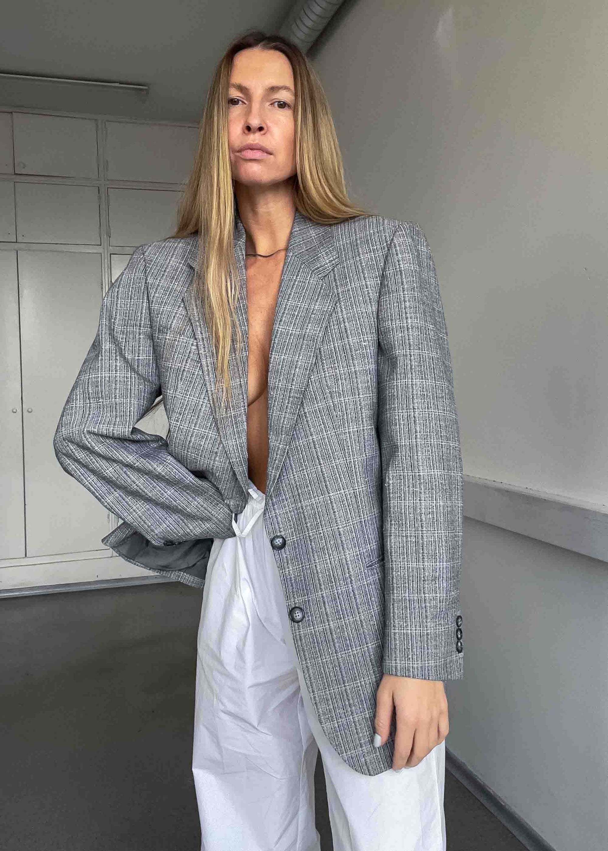Vintage Light Grey Checked Oversized Blazer