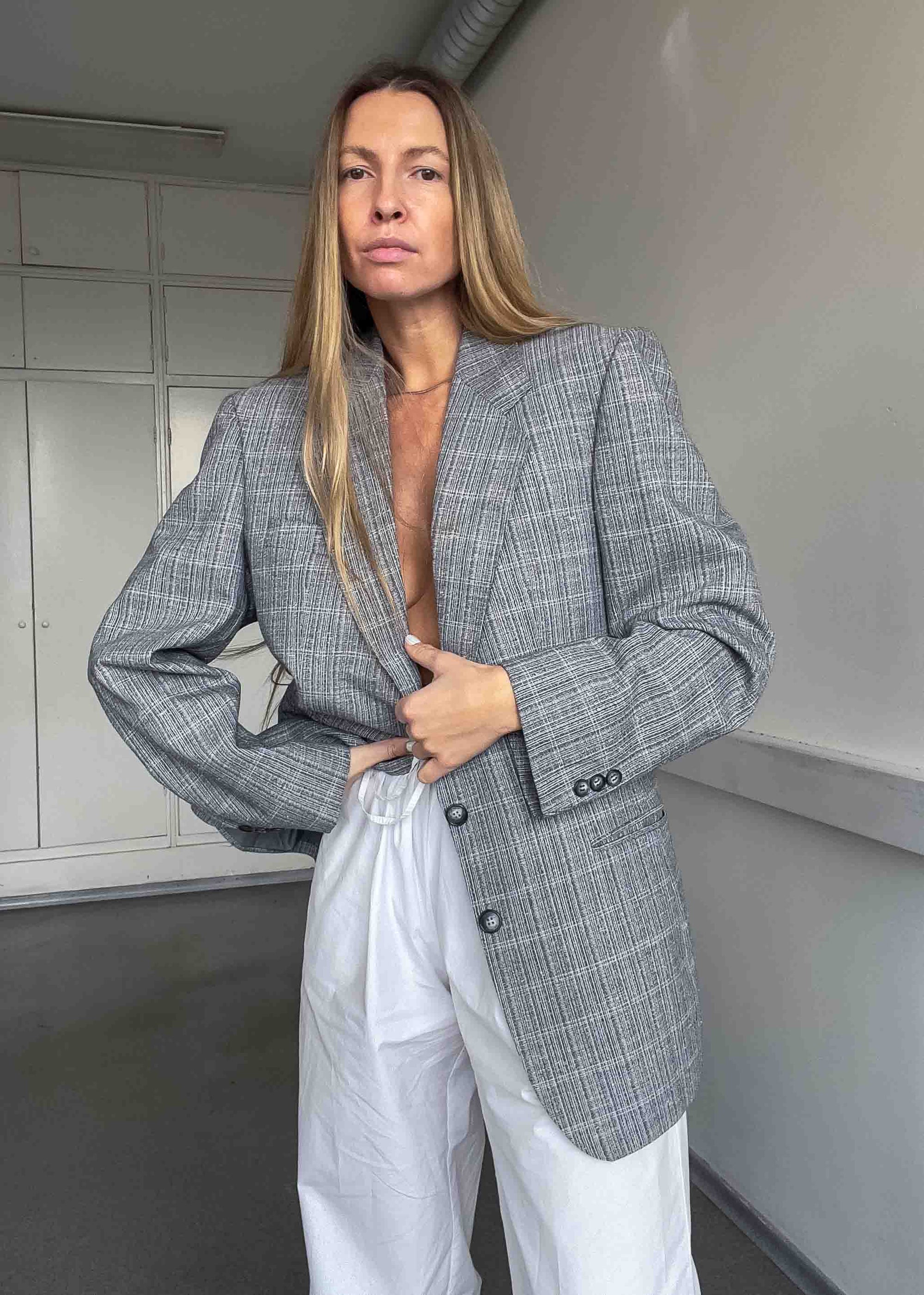 Vintage Light Grey Checked Oversized Blazer