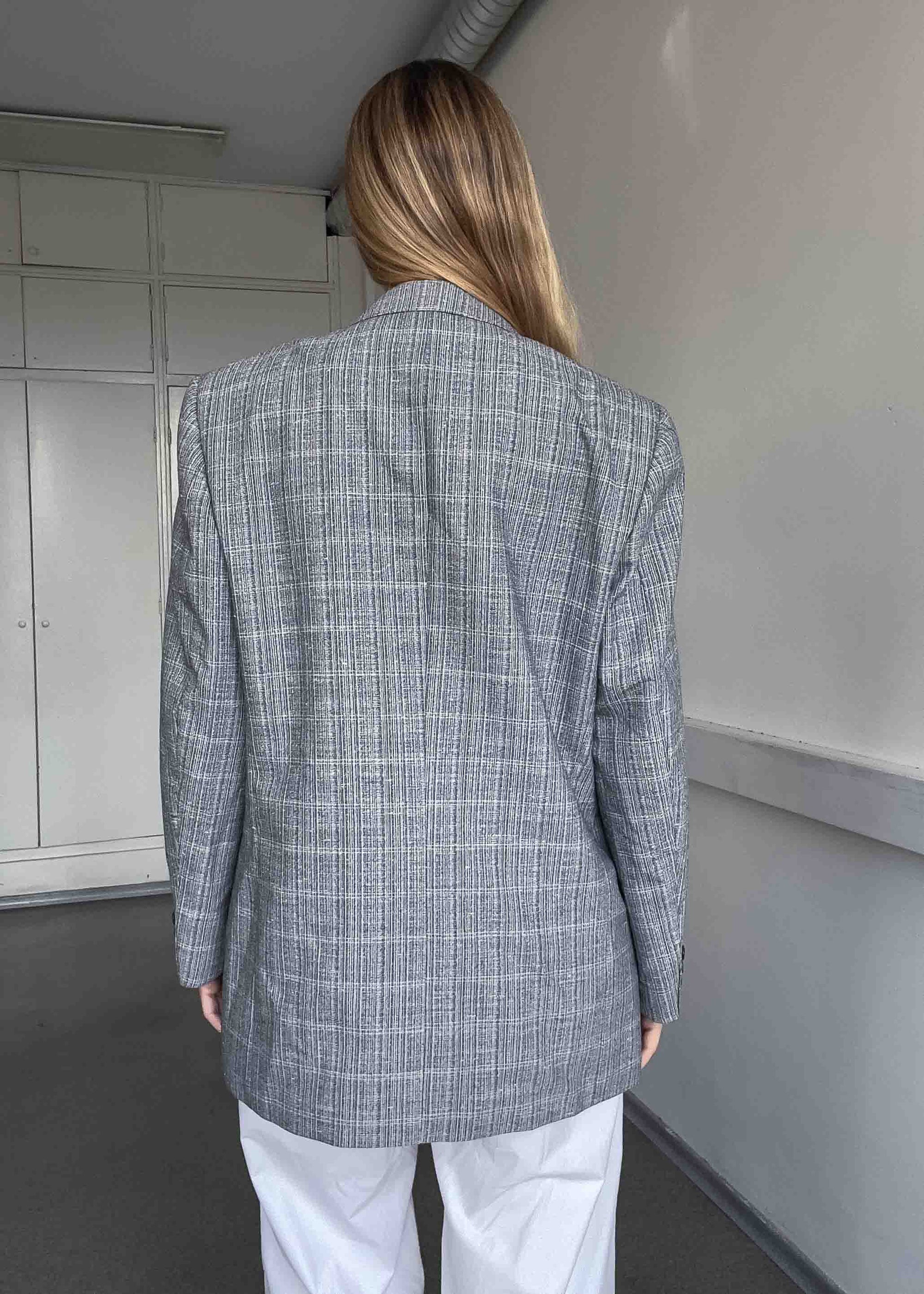 Vintage Light Grey Checked Oversized Blazer