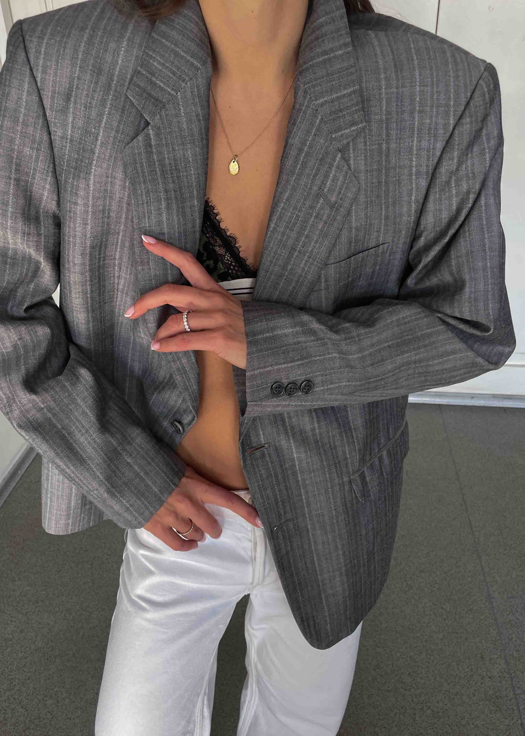 Vintage Light Grey Patterned Oversized Blazer
